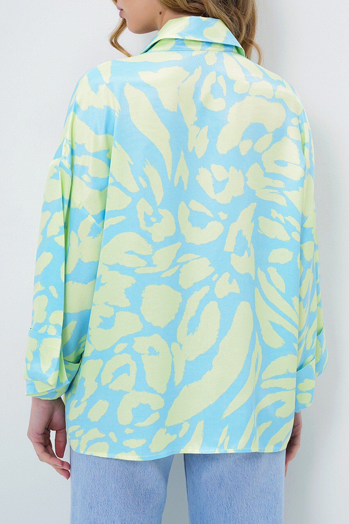 Yeşil Mavi Dijital Baskılı Oversize Double Kol Premium Dokuma Gömlek