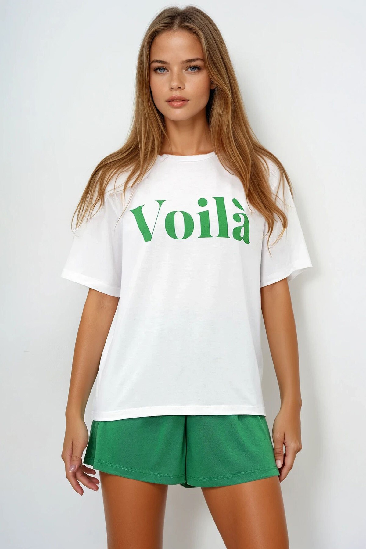 Yeşil Önü Yazı Baskılı Pamuklu Basic T Shırt Ve Şortlu Penye Alt Üst Takım