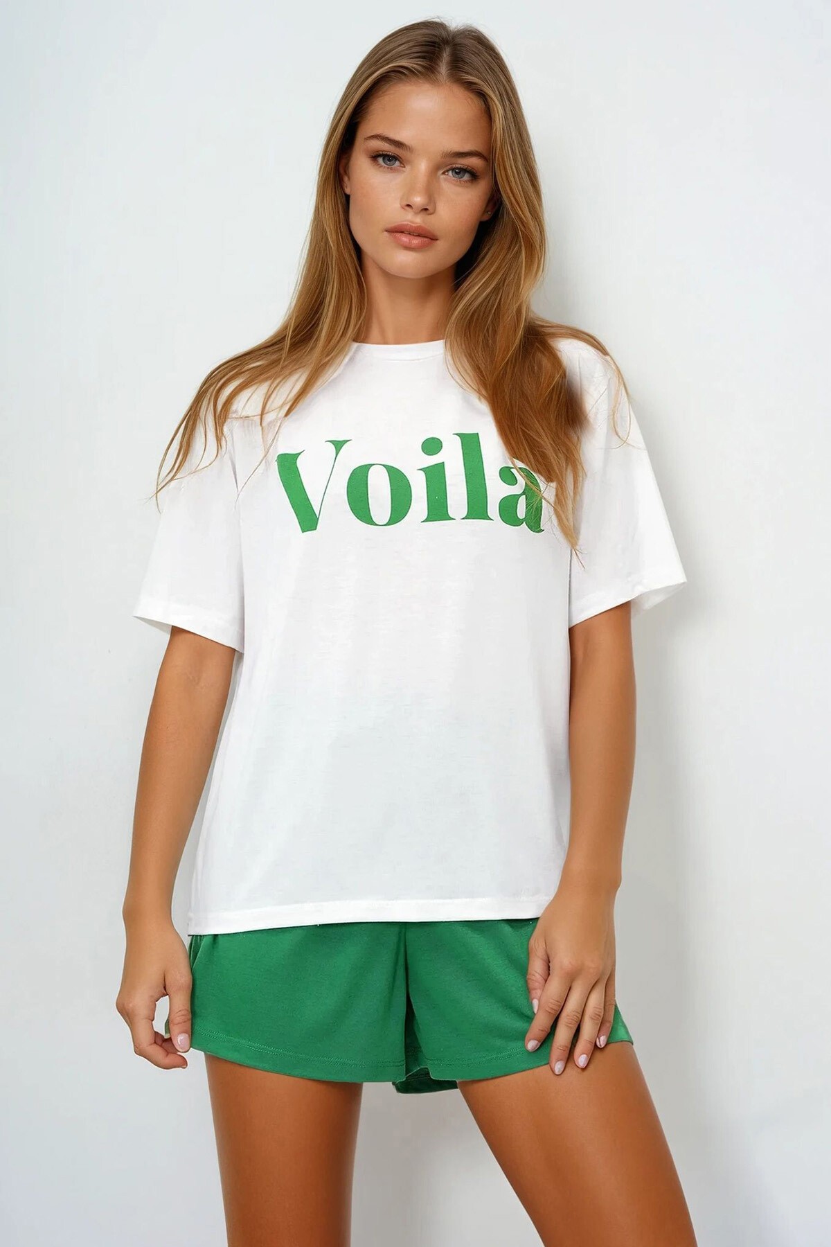 Yeşil Önü Yazı Baskılı Pamuklu Basic T Shırt Ve Şortlu Penye Alt Üst Takım