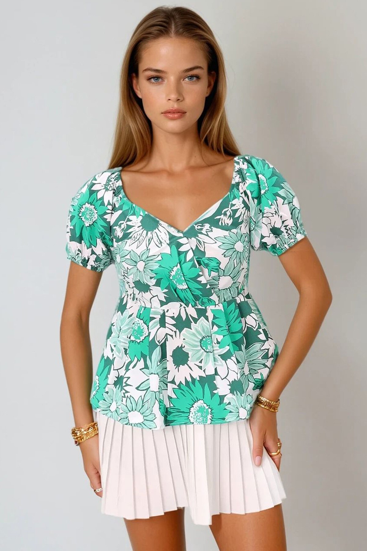 Yeşil Öpücük Yaka Karpuz Kol Desenli Poplin Bluz