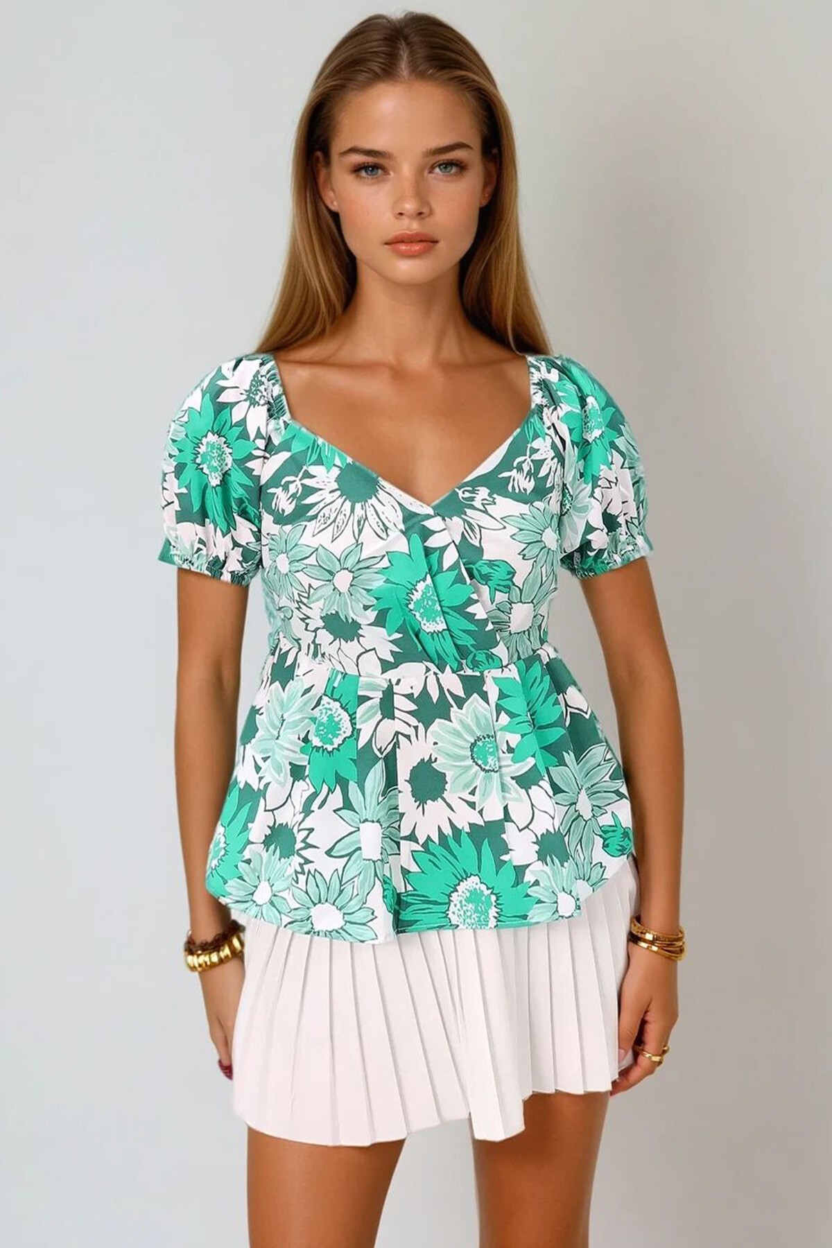 Yeşil Öpücük Yaka Karpuz Kol Desenli Poplin Bluz