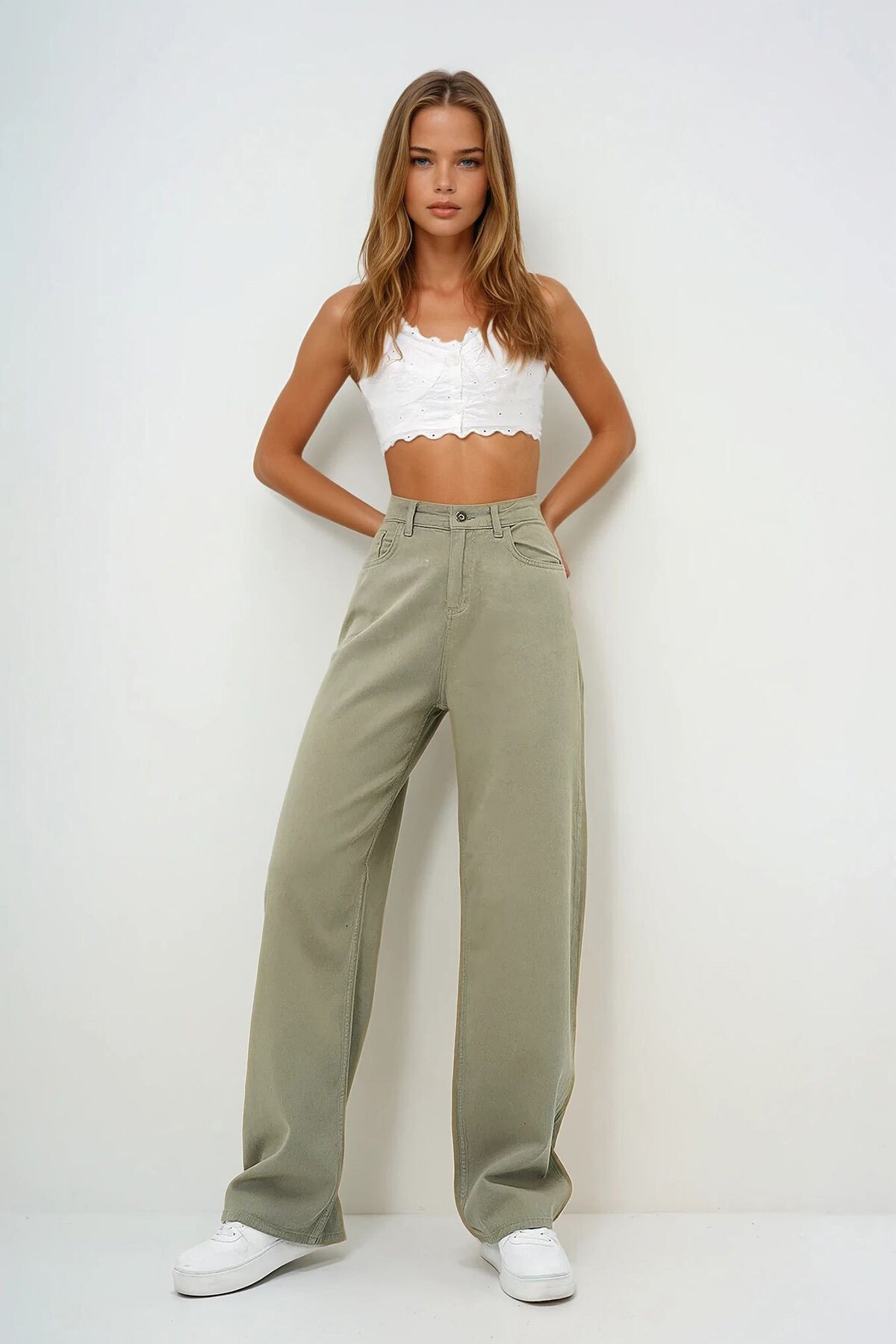 Yeşil Yüksek Bel Beş Cepli Wide Leg Yazlık Gabardin Pantolon