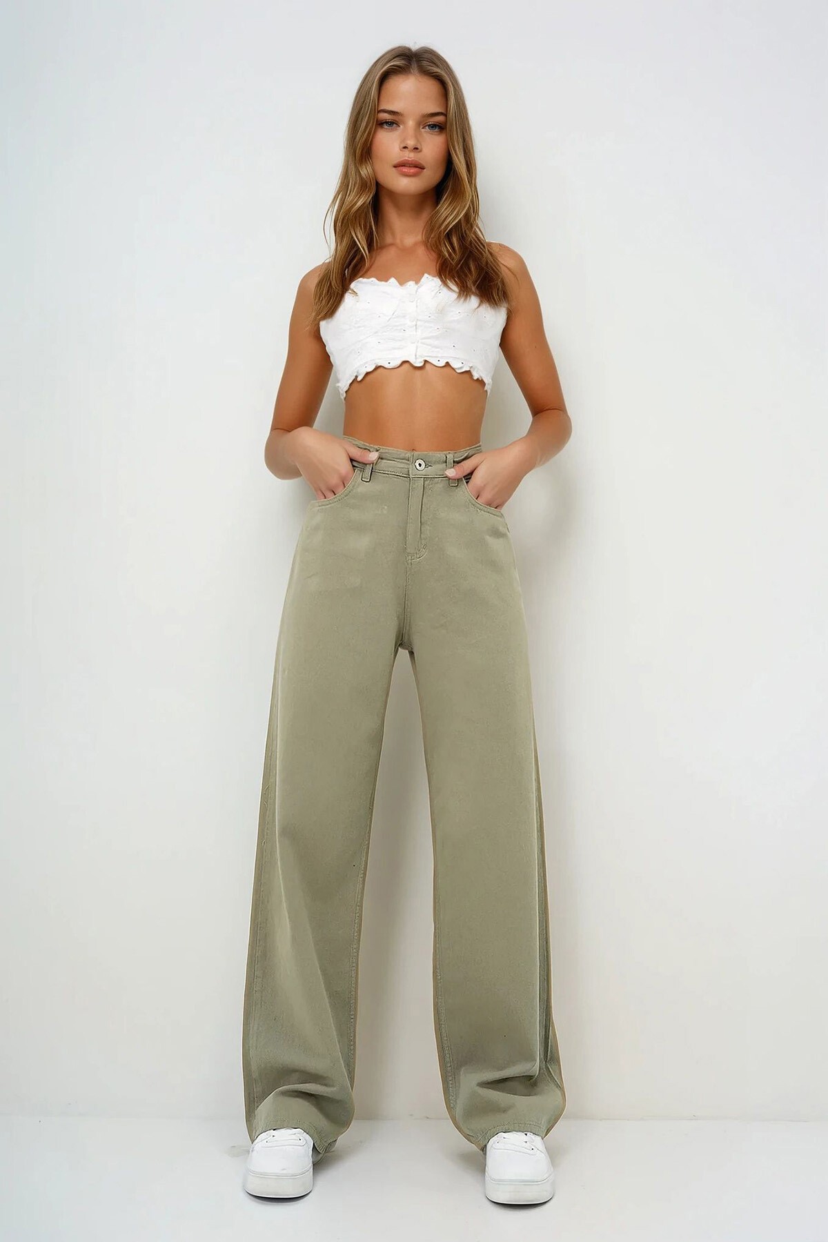 Yeşil Yüksek Bel Beş Cepli Wide Leg Yazlık Gabardin Pantolon