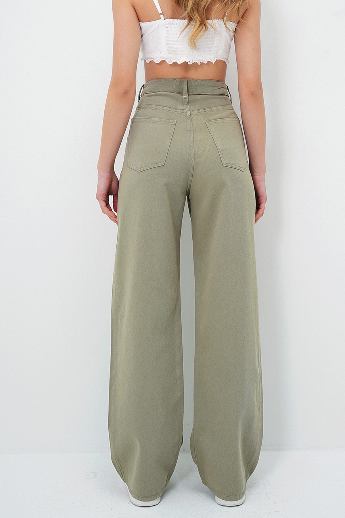 Yeşil Yüksek Bel Beş Cepli Wide Leg Yazlık Gabardin Pantolon