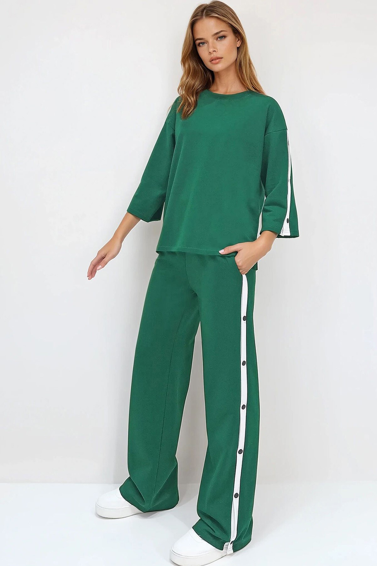 Zümrüt Yeşili Bisiklet Yaka Çıtçıt Kapamalı İli İplik Eşofman Takım