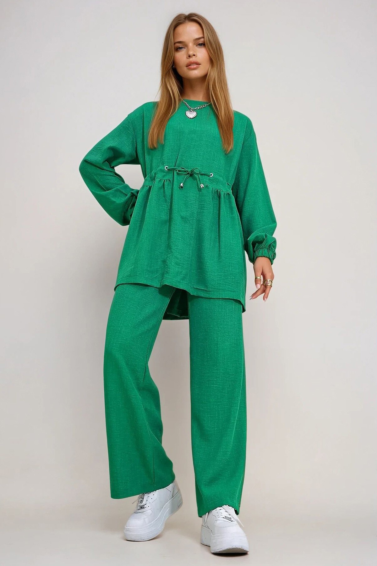 Zümrüt Yeşili Bisiklet Yaka Kendinden Kemerli Palazzo Pantolon Tunik Takım