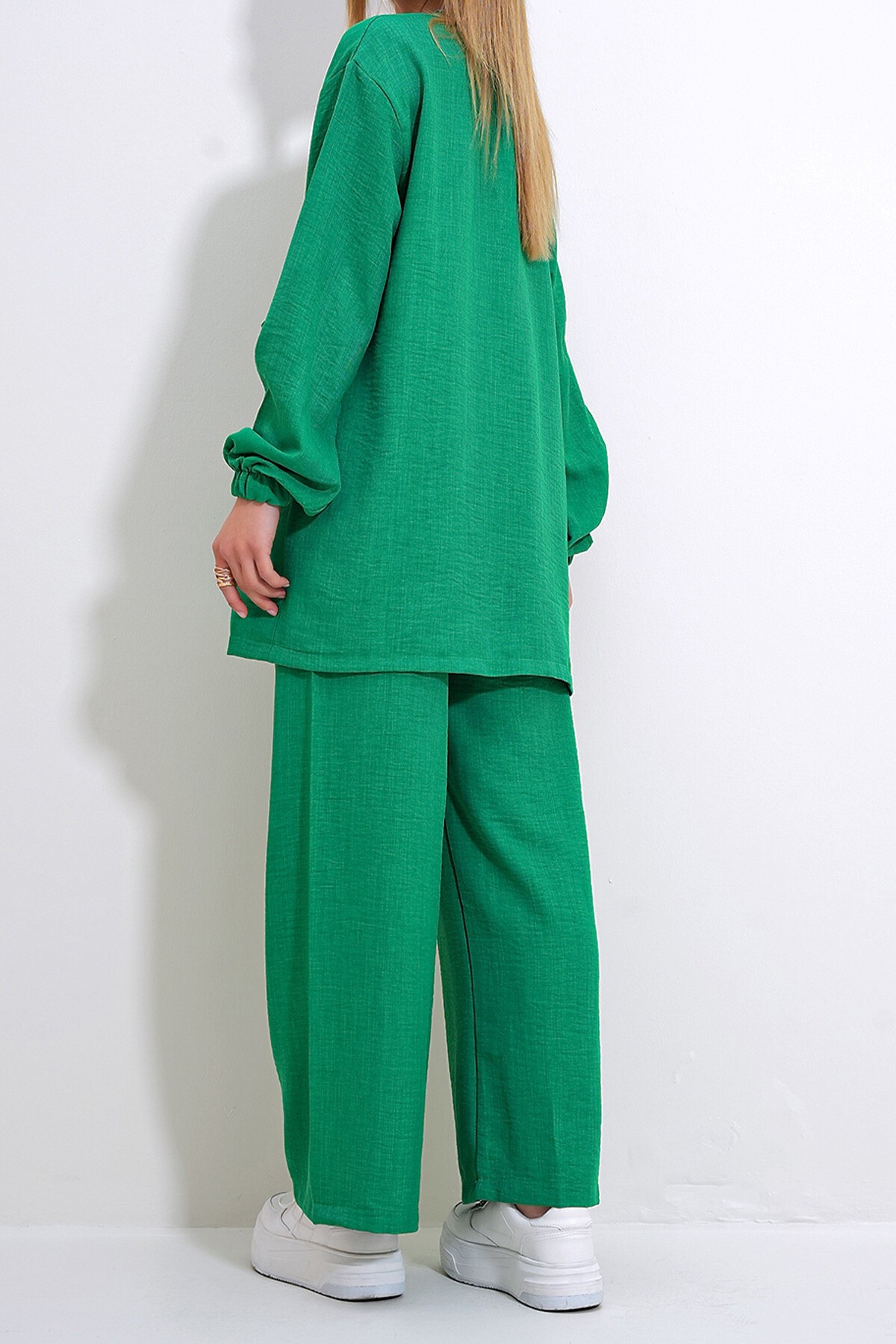 Zümrüt Yeşili Bisiklet Yaka Kendinden Kemerli Palazzo Pantolon Tunik Takım