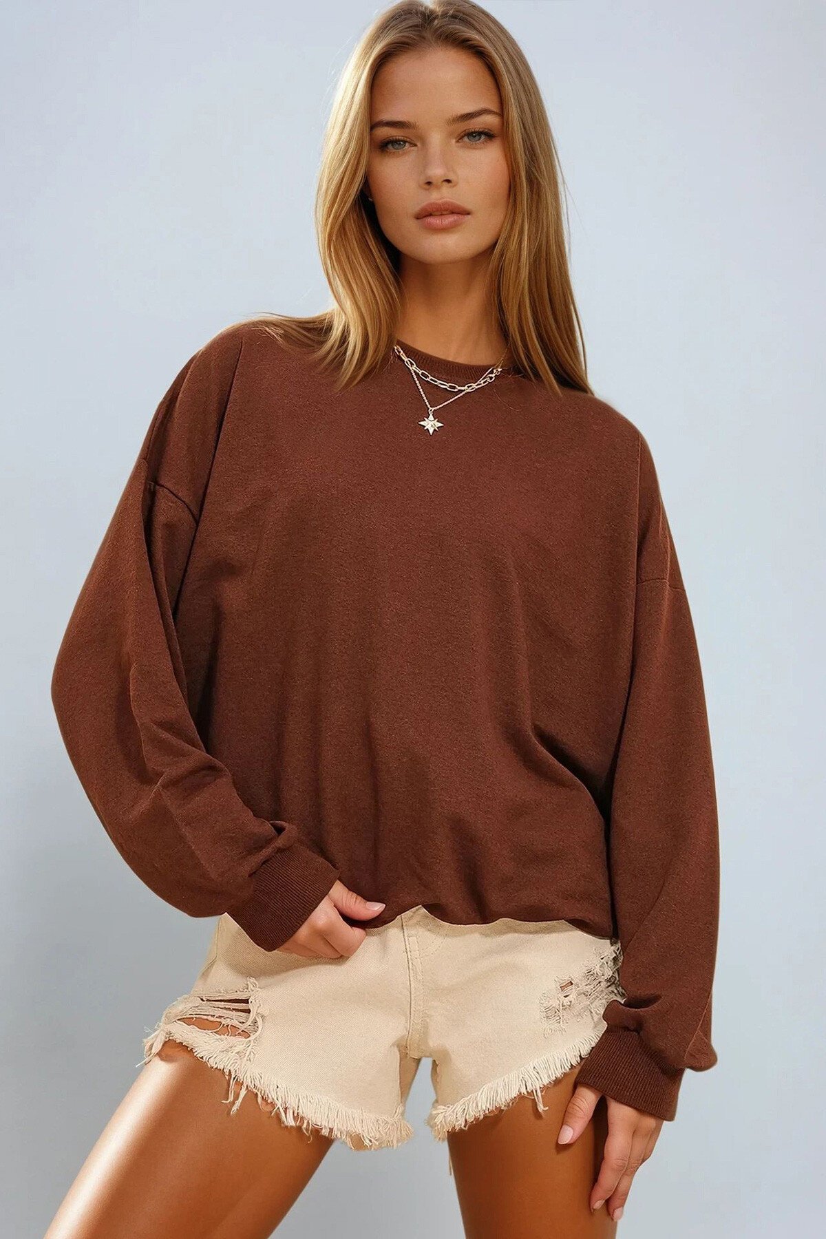 Acı Kahve Bisiklet Yaka Oversize Basic Sweatshirt