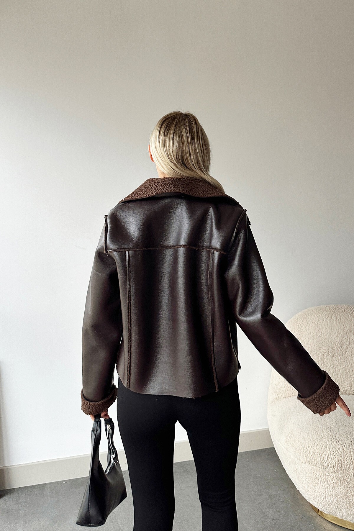 Acı Kahve Çift Cepli İçi Suni Kürklü Suni Deri Biker Ceket