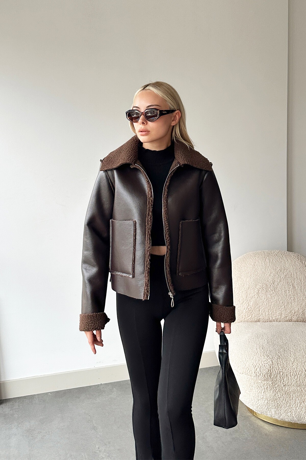 Acı Kahve Çift Cepli İçi Suni Kürklü Suni Deri Biker Ceket