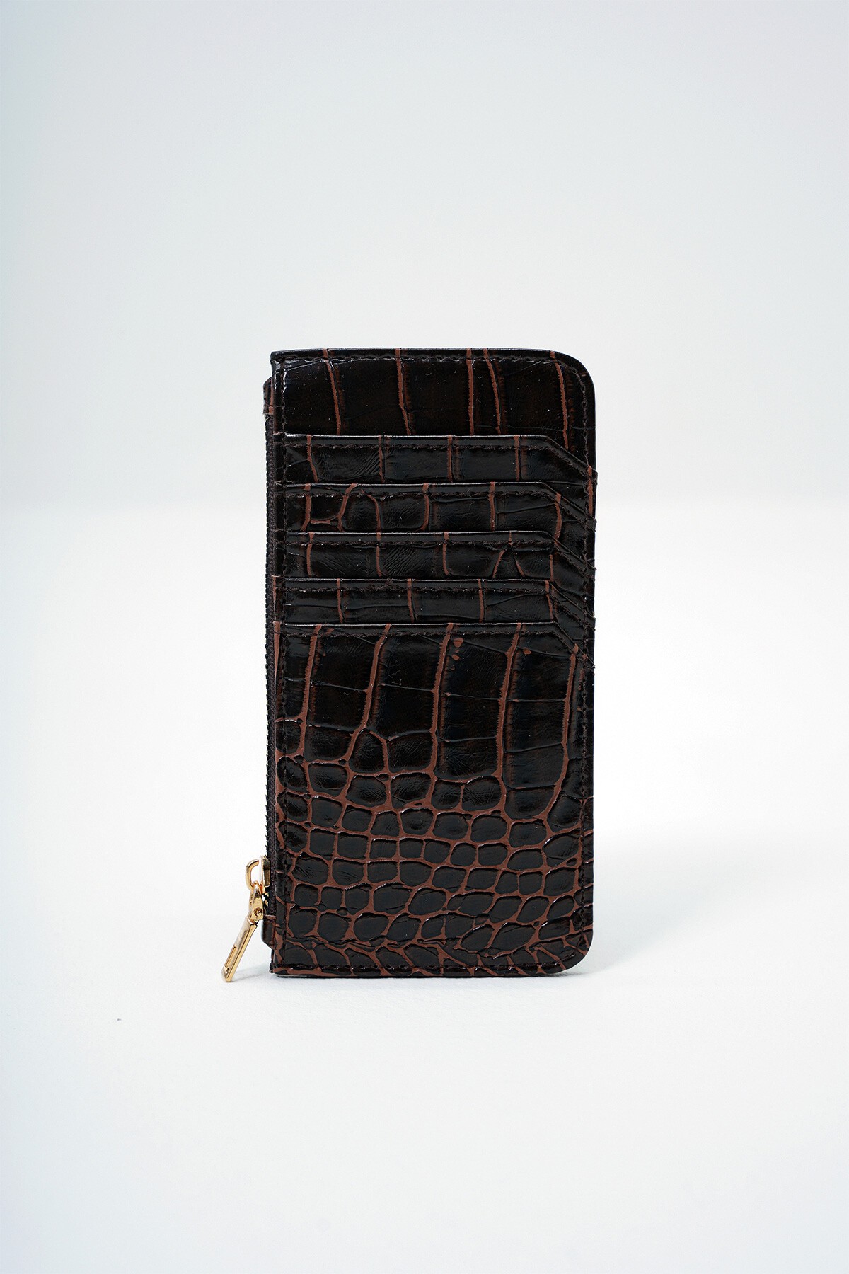 Acı Kahve Suni Deri Fermuarlı Para Bölmeli Croco Desen İnce Kartlık