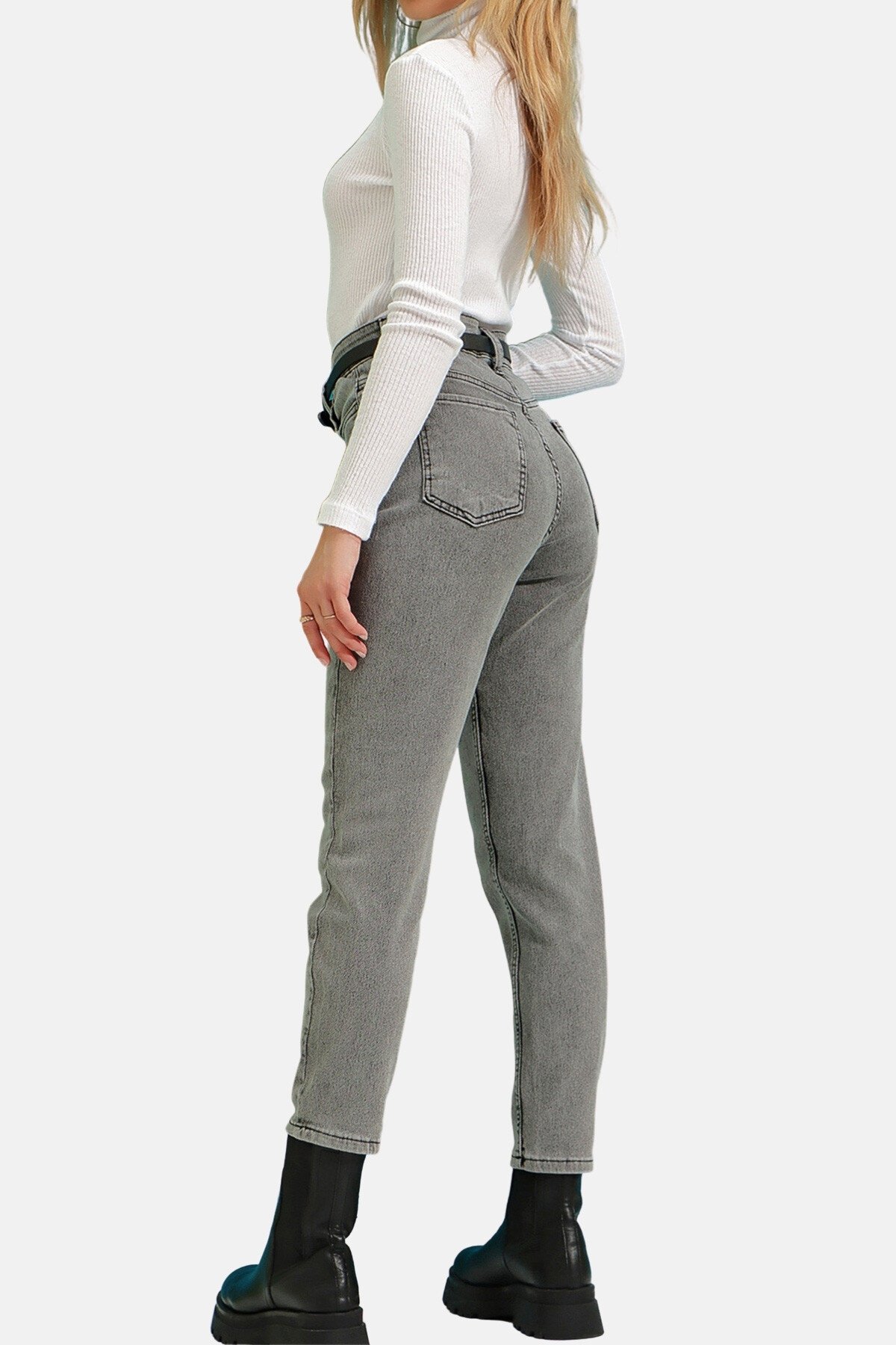 Açık Antrasit Yüksek Bel Beş Cepli Likralı Mom Jeans