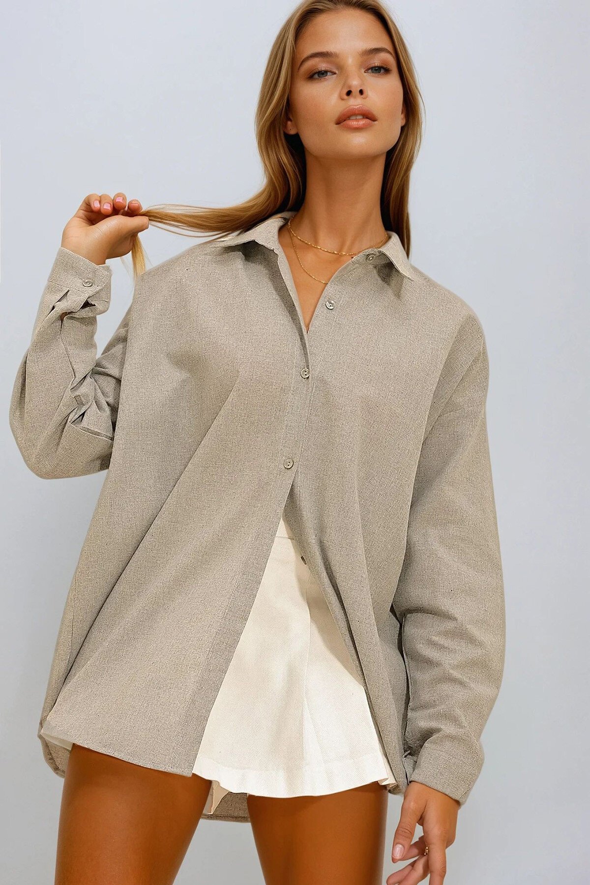 Açık Gri Oversize Keten Gömlek