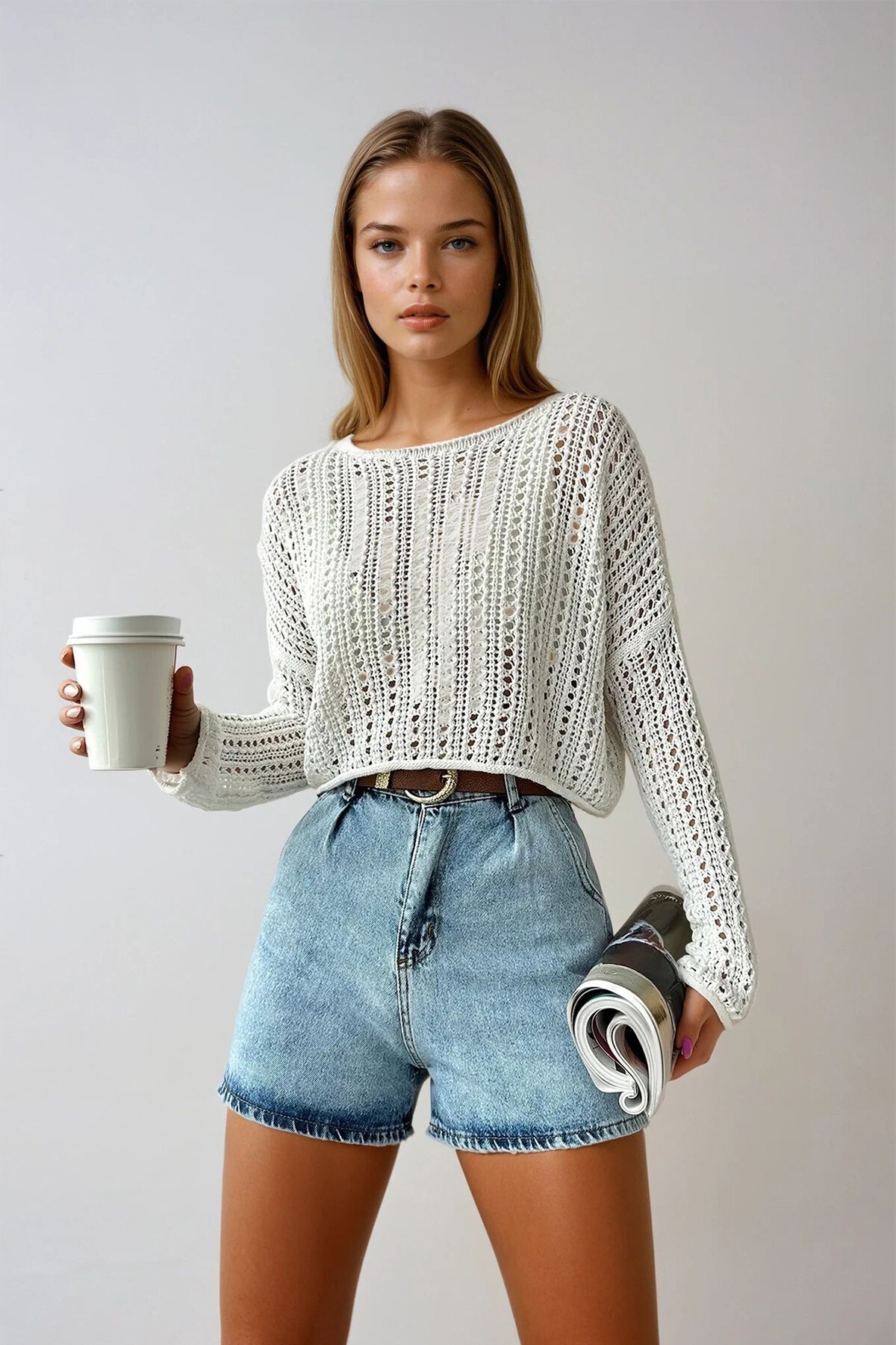 Açık Mavi Yüksek Bel Pileli Dört Cepli Jean Şort