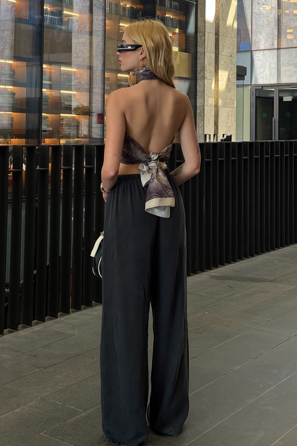 Antrasit Beli Lastikli Palazzo Keten Pantolon