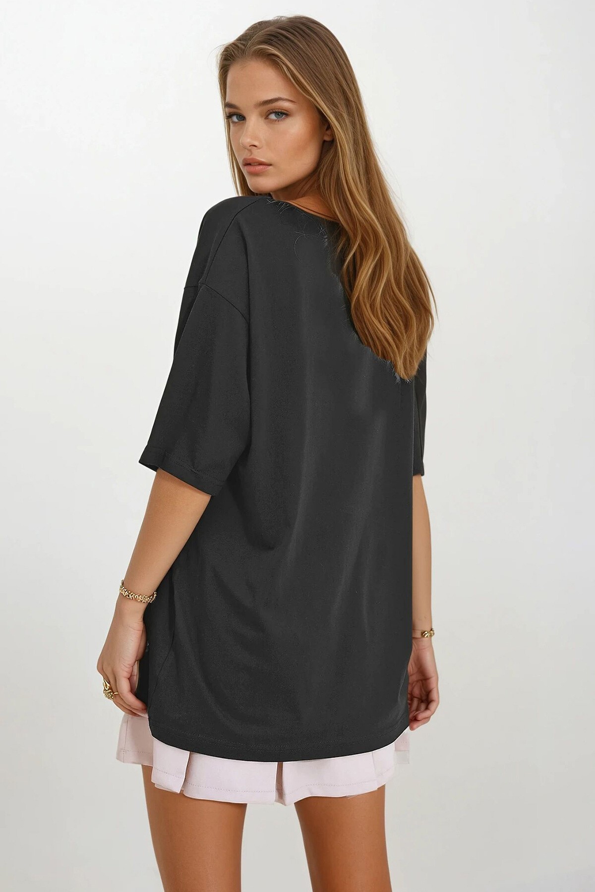 Antrasit Bisiklet Yaka Oversize İnci Ve Taş İşlemeli T-Shirt