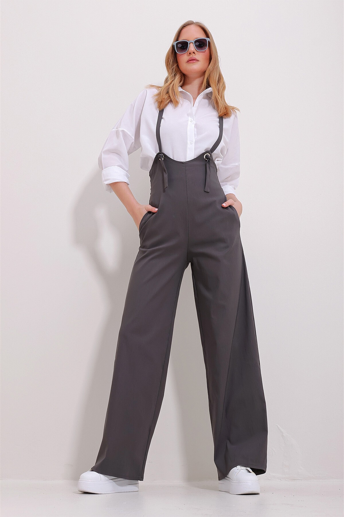 Antrasit Çift Cepli Askılı Likralı Salopet Tulum