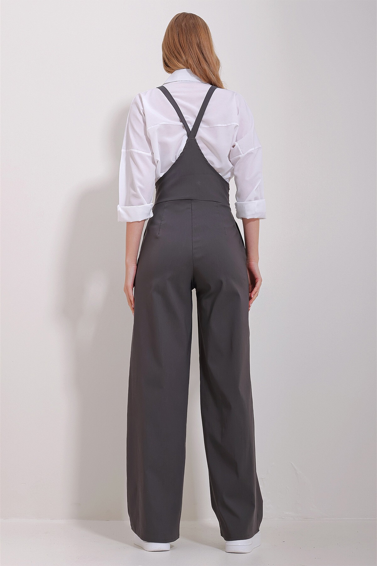 Antrasit Çift Cepli Askılı Likralı Salopet Tulum