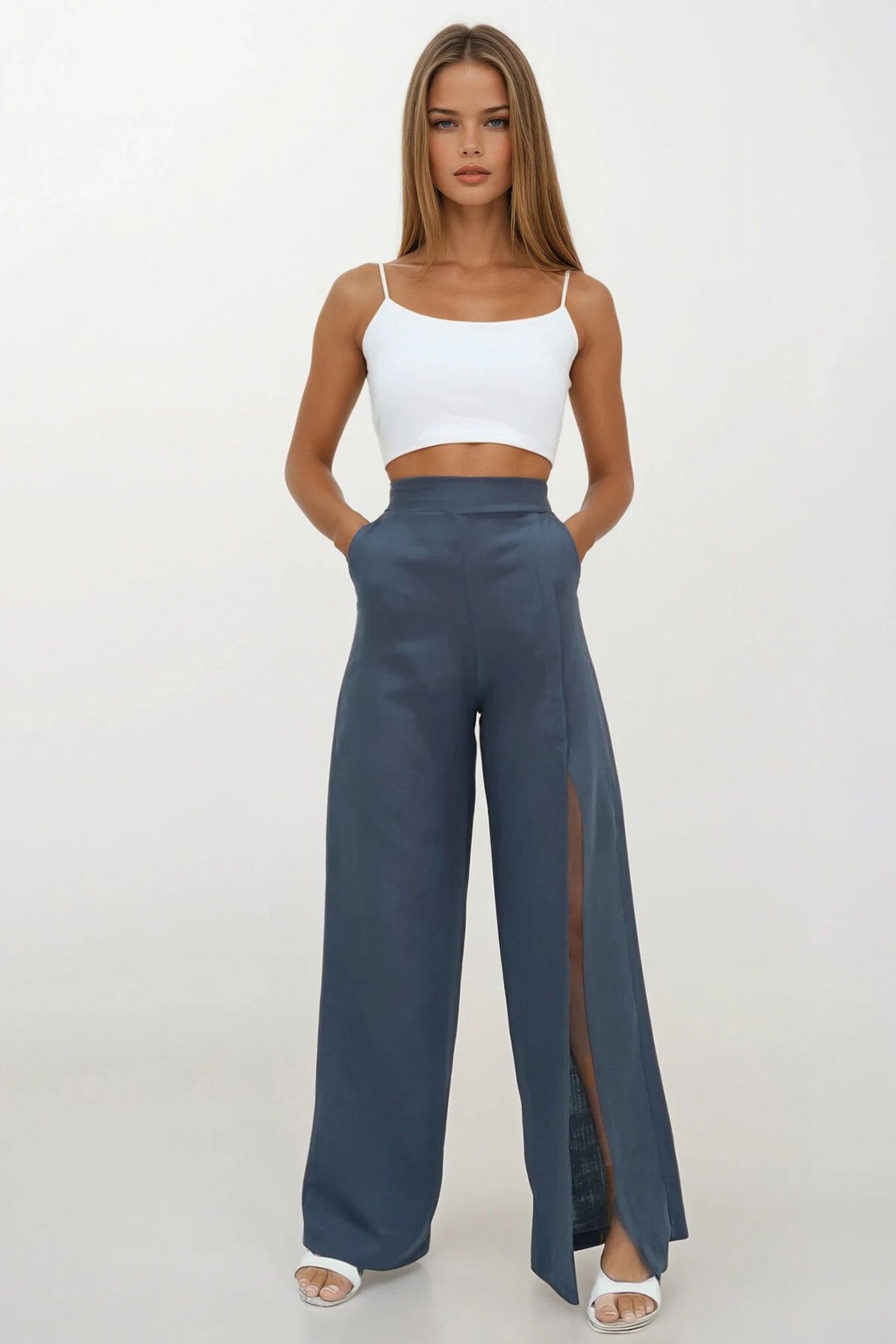 Antrasit Yırtmaç Detaylı Çift Cepli Beli Lastikli Müslin Palazzo Pantolon