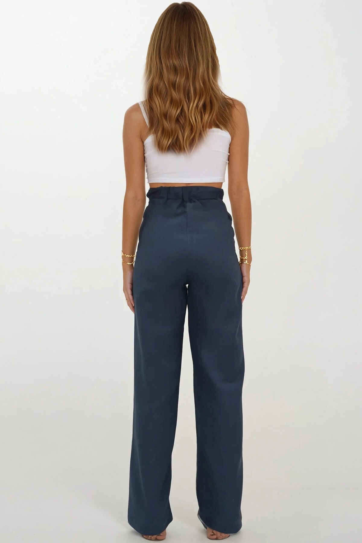 Antrasit Yırtmaç Detaylı Çift Cepli Beli Lastikli Müslin Palazzo Pantolon