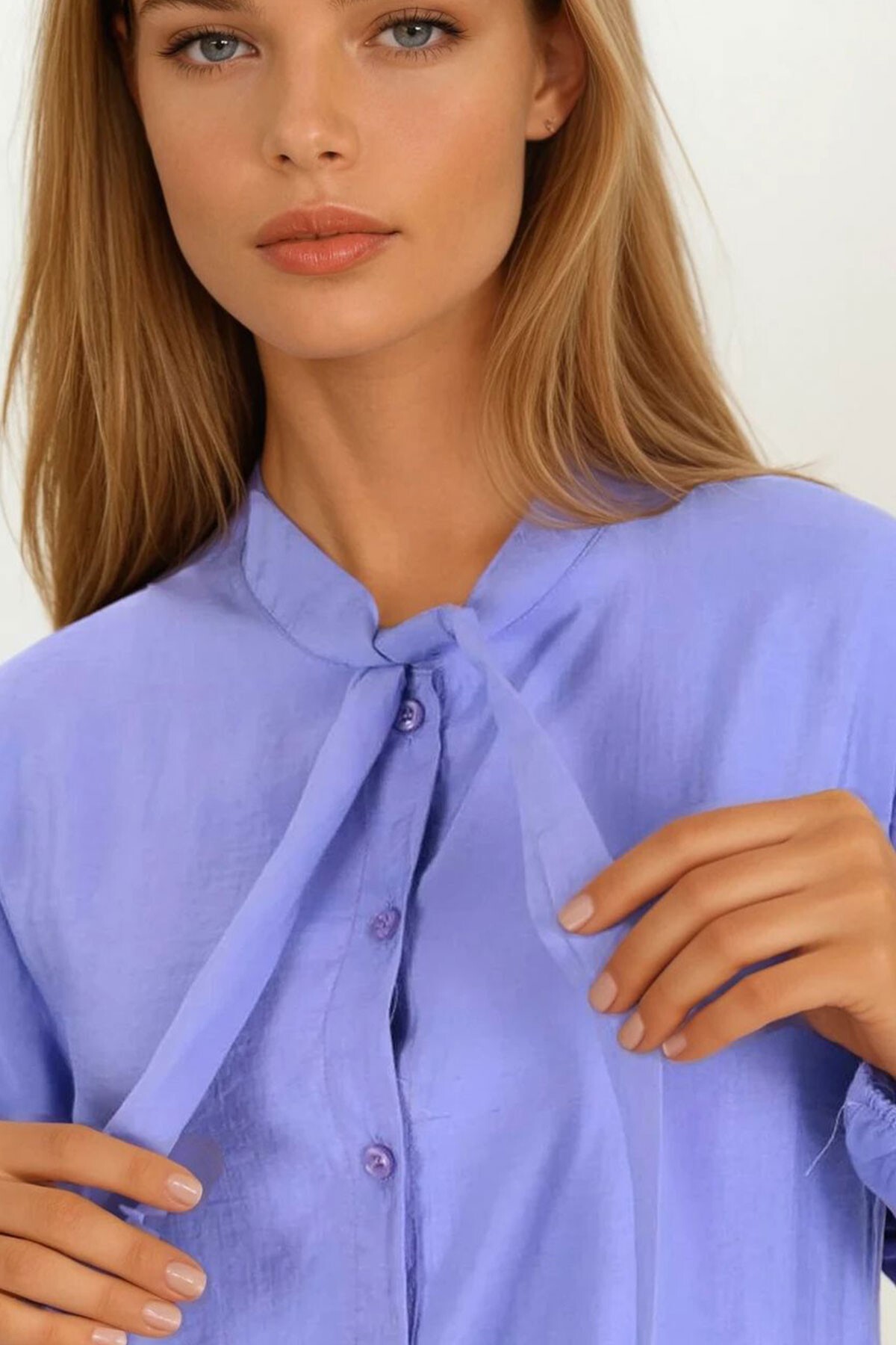 Lila Yakası Bağlamalı Oversize Gömlek