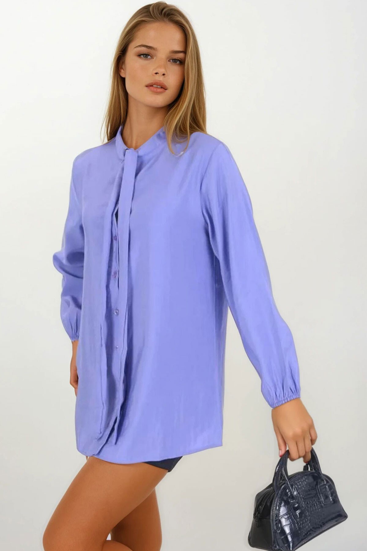 Lila Yakası Bağlamalı Oversize Gömlek