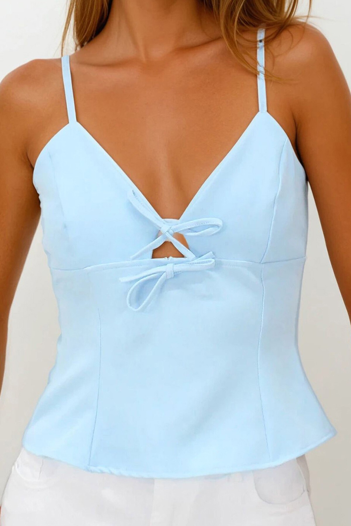 Bebe Mavi Ayarlanabilir İp Askılı Fiyonk Detaylı Fermuar Kapamalı Bluz