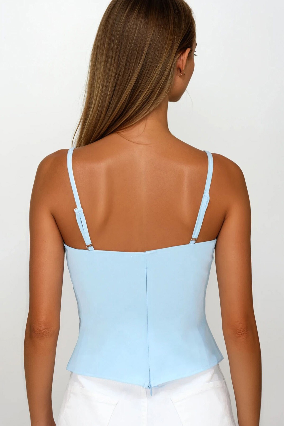 Bebe Mavi Ayarlanabilir İp Askılı Fiyonk Detaylı Fermuar Kapamalı Bluz