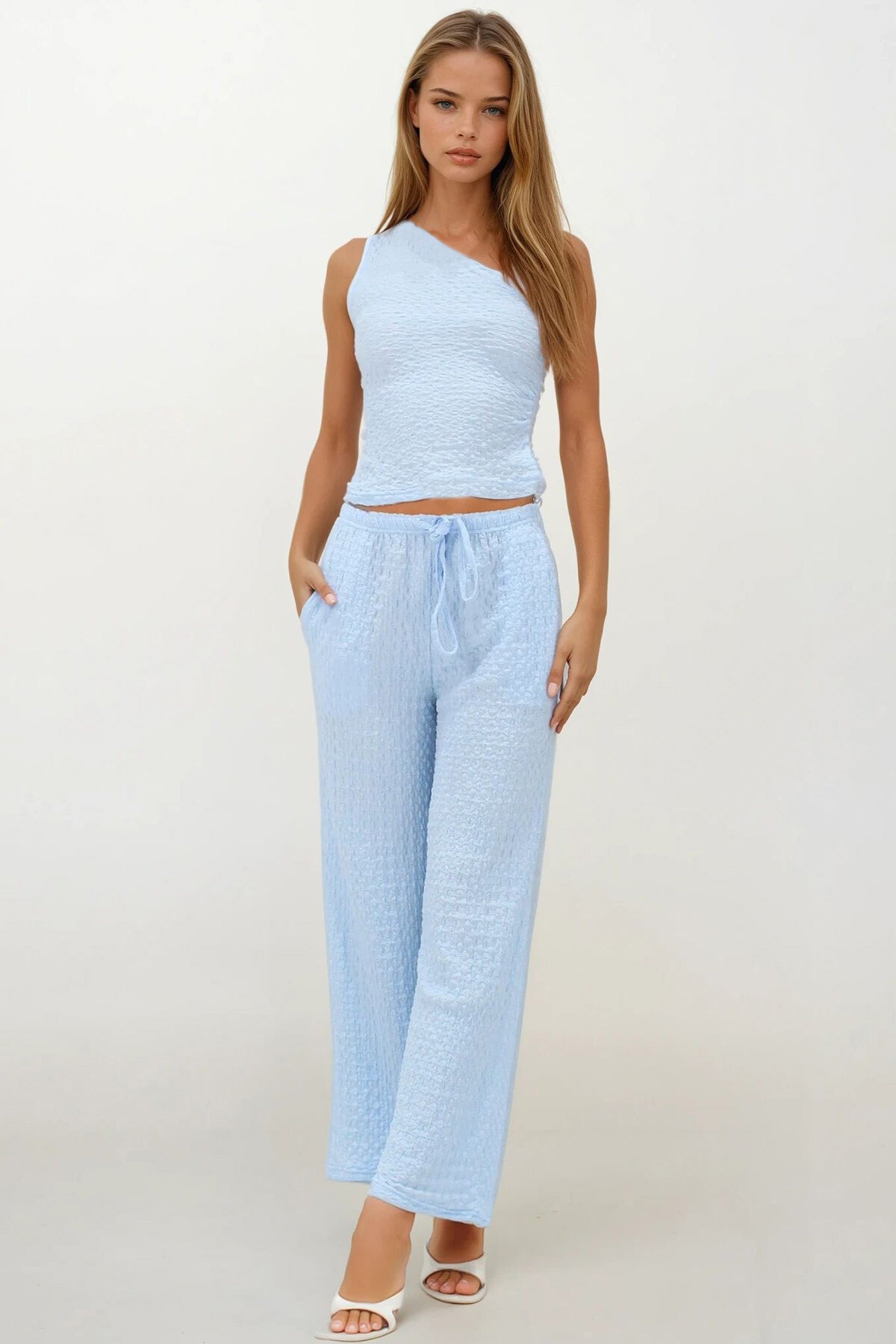 Bebe Mavi Beli İpli Ve Lastikli Çift Cepli Pantolon Ve Tek Omuz Bluz Takım