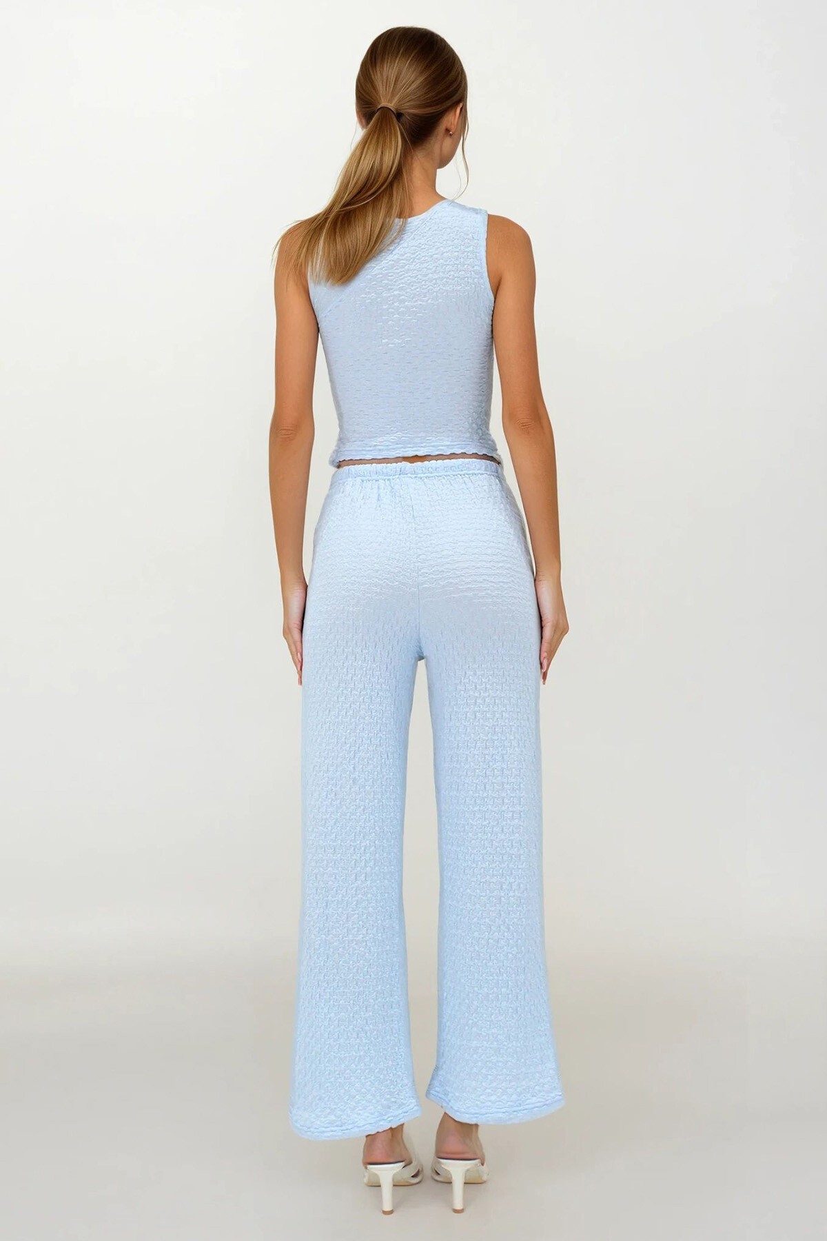 Bebe Mavi Beli İpli Ve Lastikli Çift Cepli Pantolon Ve Tek Omuz Bluz Takım