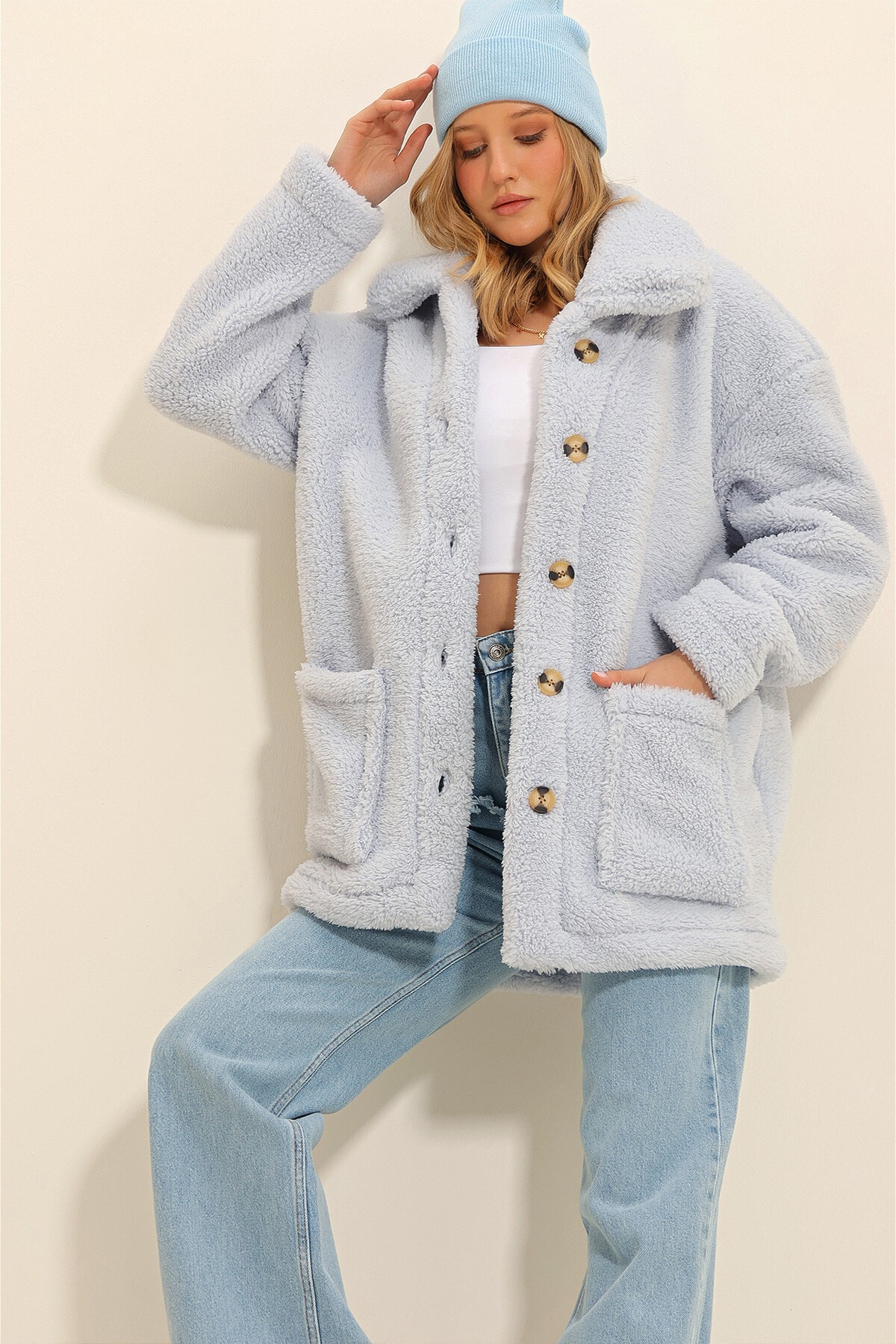 Bebe Mavi Polo Yaka Çift Cepli Önü Düğmeli Peluş Kaban