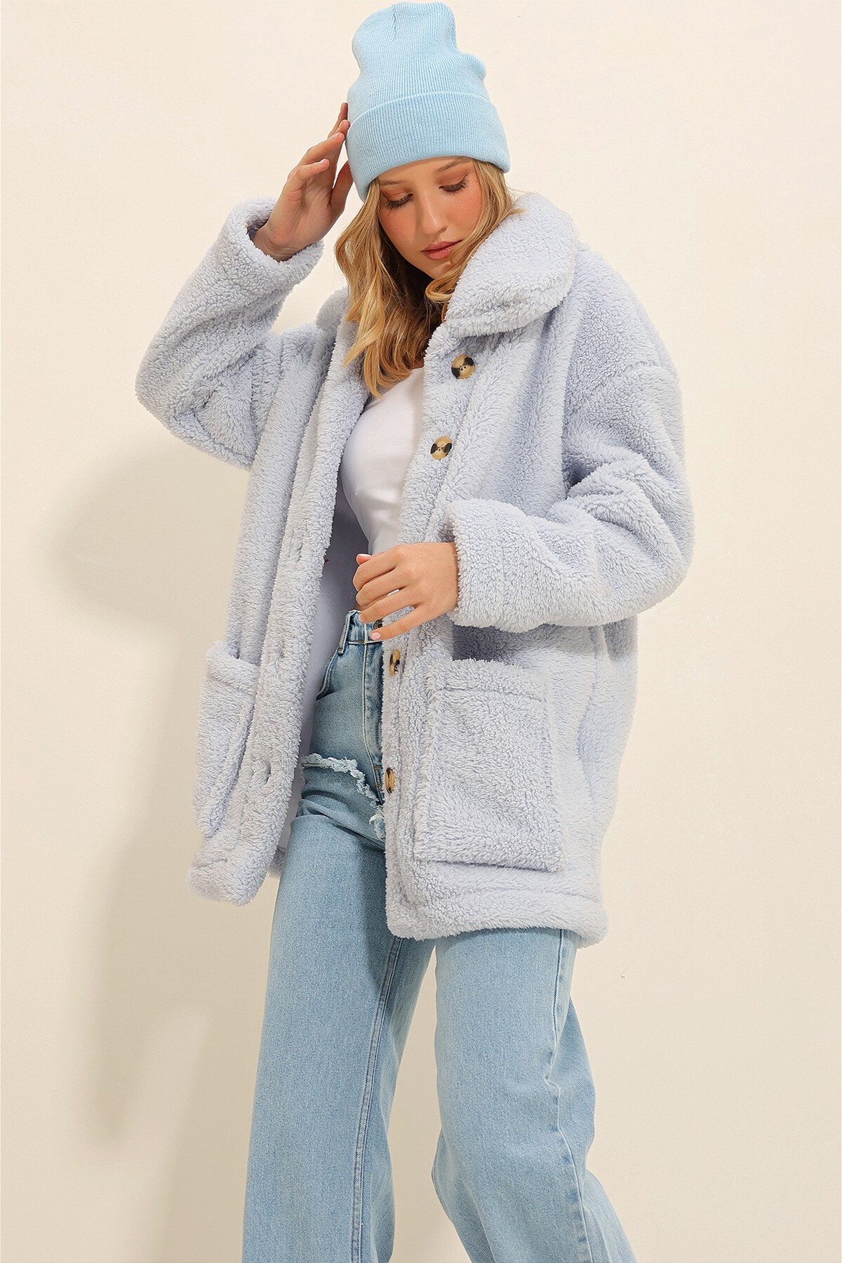 Bebe Mavi Polo Yaka Çift Cepli Önü Düğmeli Peluş Kaban