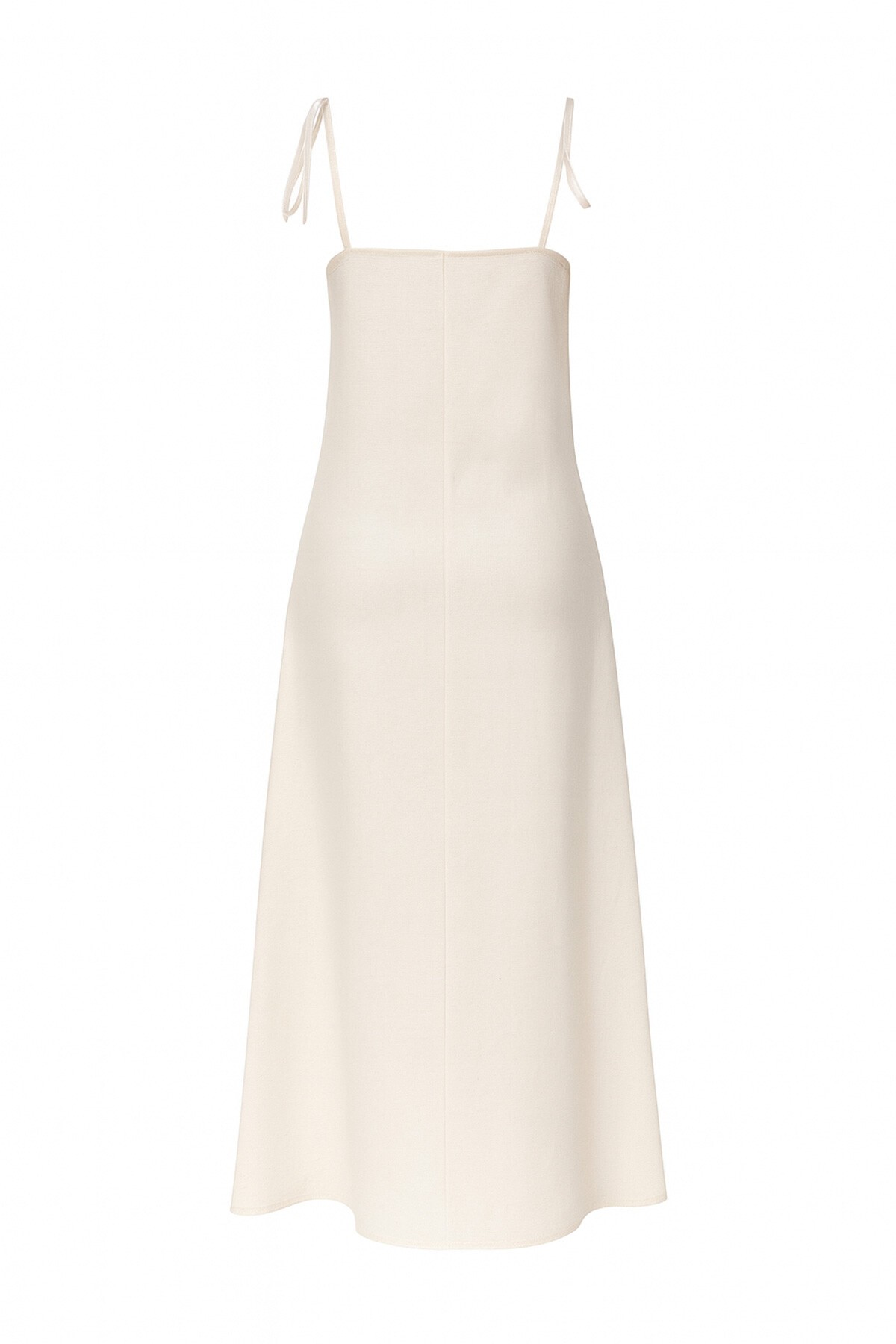 Bej Ayarlanabilir Askılı Desenli Çift Cepli Midi Boy Keten Elbise