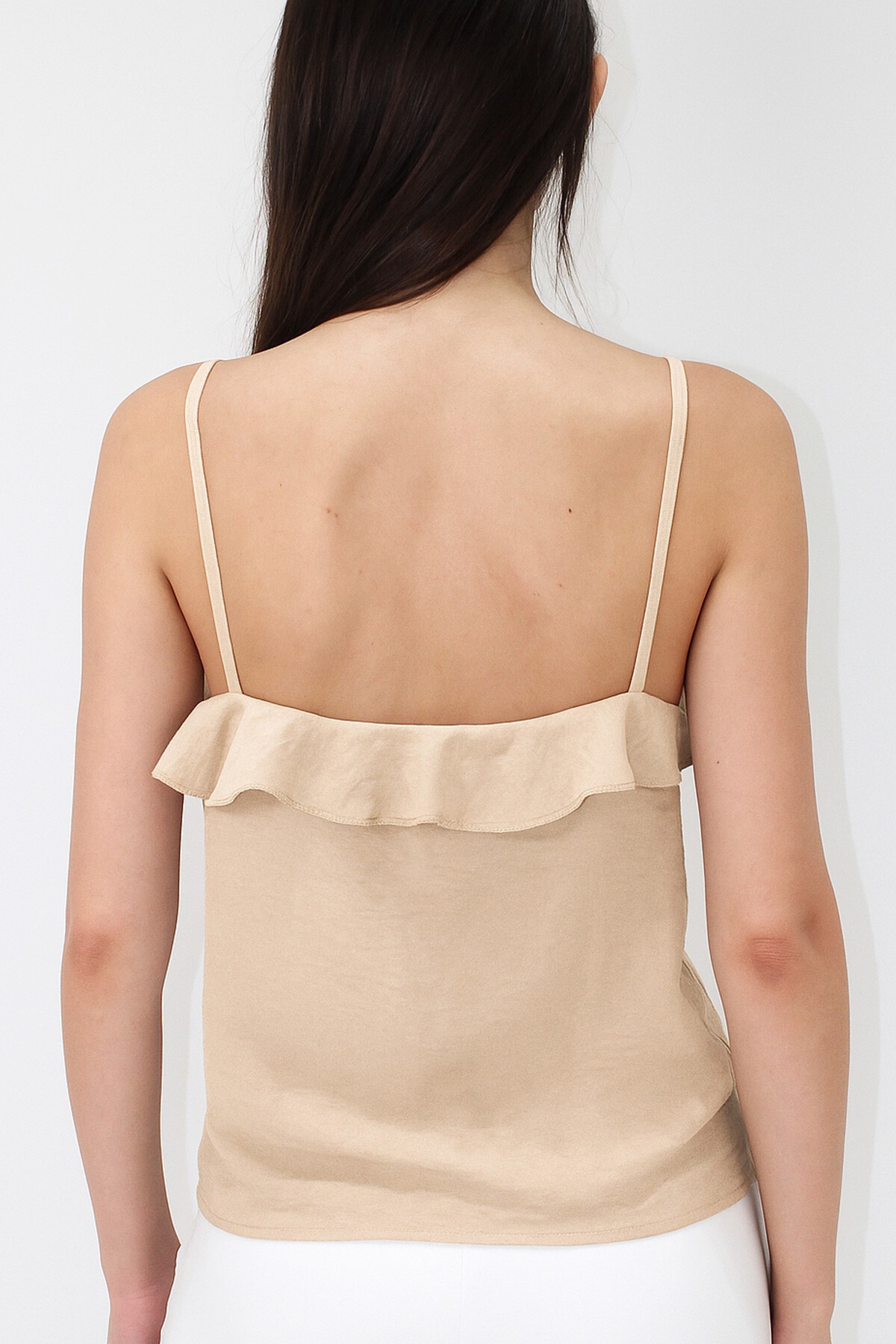 Bej Ayarlanabilir Askılı Önü Fırfırlı Aerobin Bluz