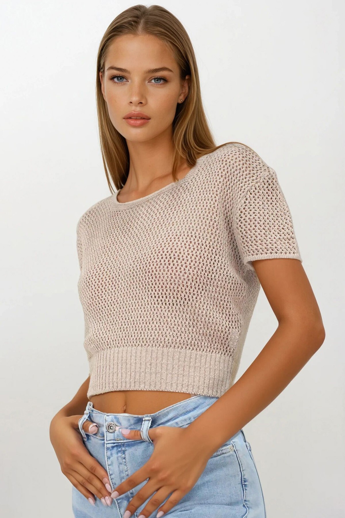 Bej Beli Gipeli Ajurlu Crop Bluz