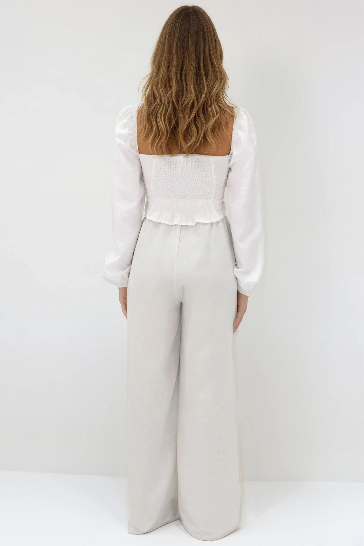 Bej Beli Lastikli Bağcıklı Keten Palazzo Pantolon