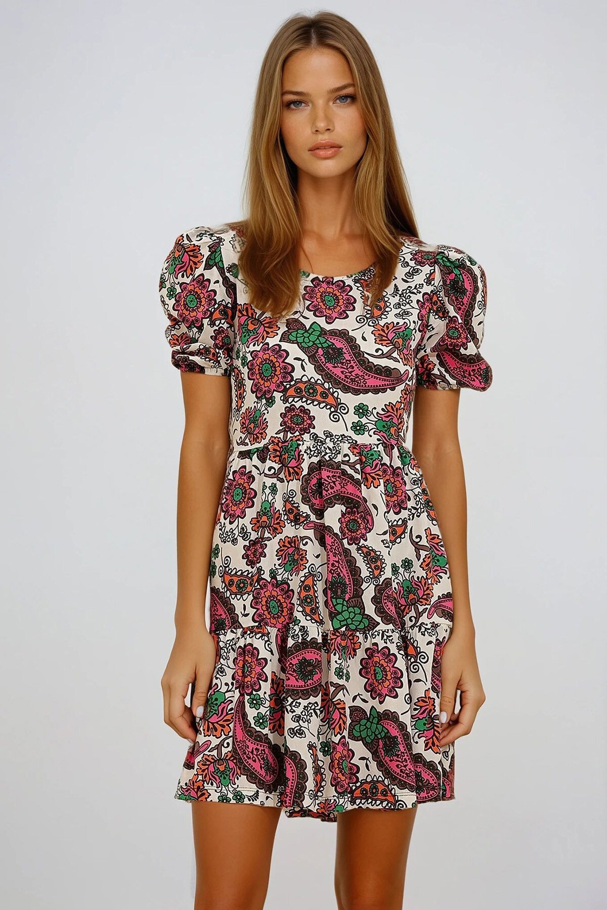 Bej Bisiklet Yaka Şal Desenli Beli Büzgülü Dokuma Viskon Miniboy Elbise