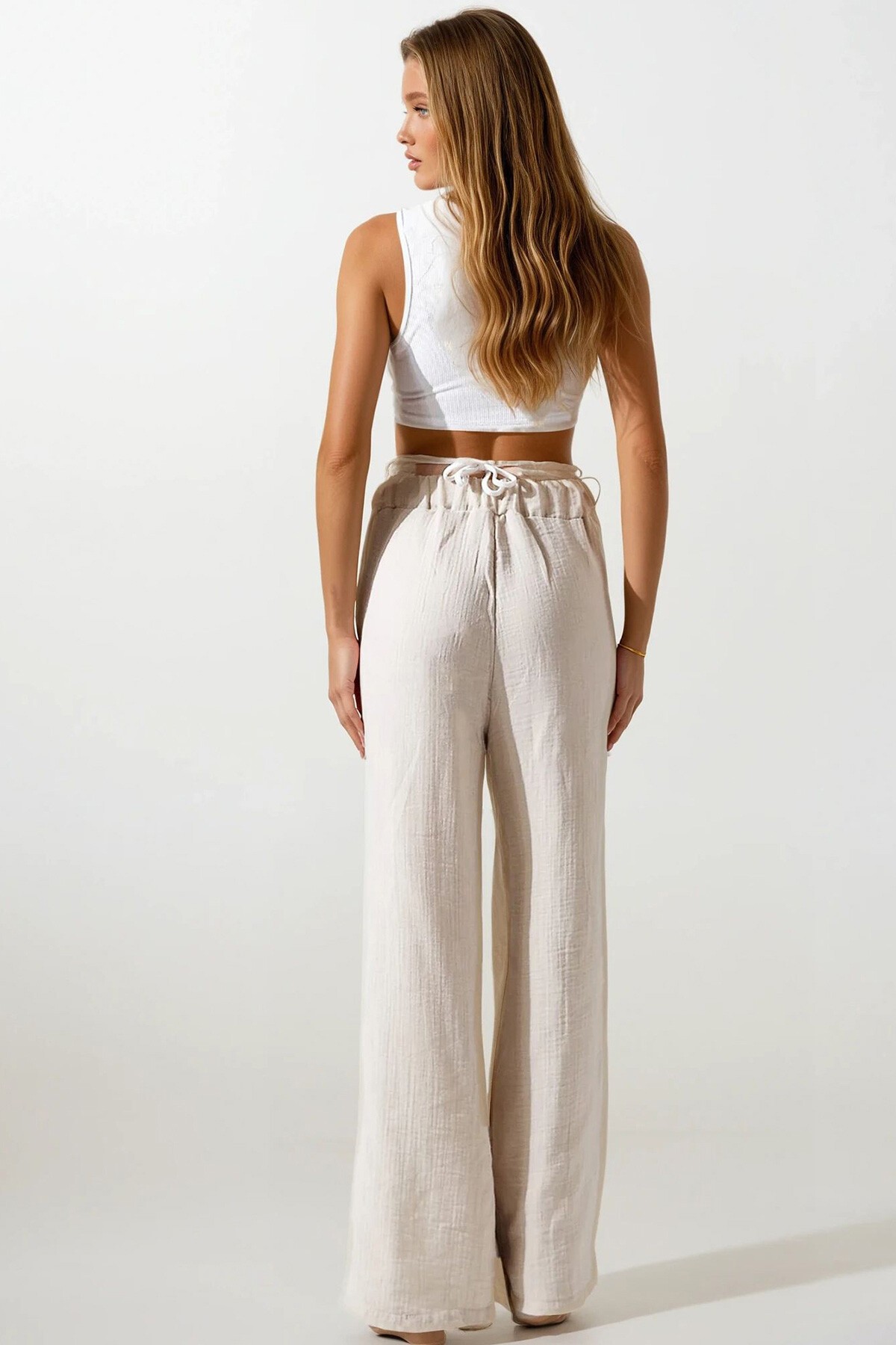 Bej Çift Cepli Beli Lastikli Müslin Palazzo Pantolon