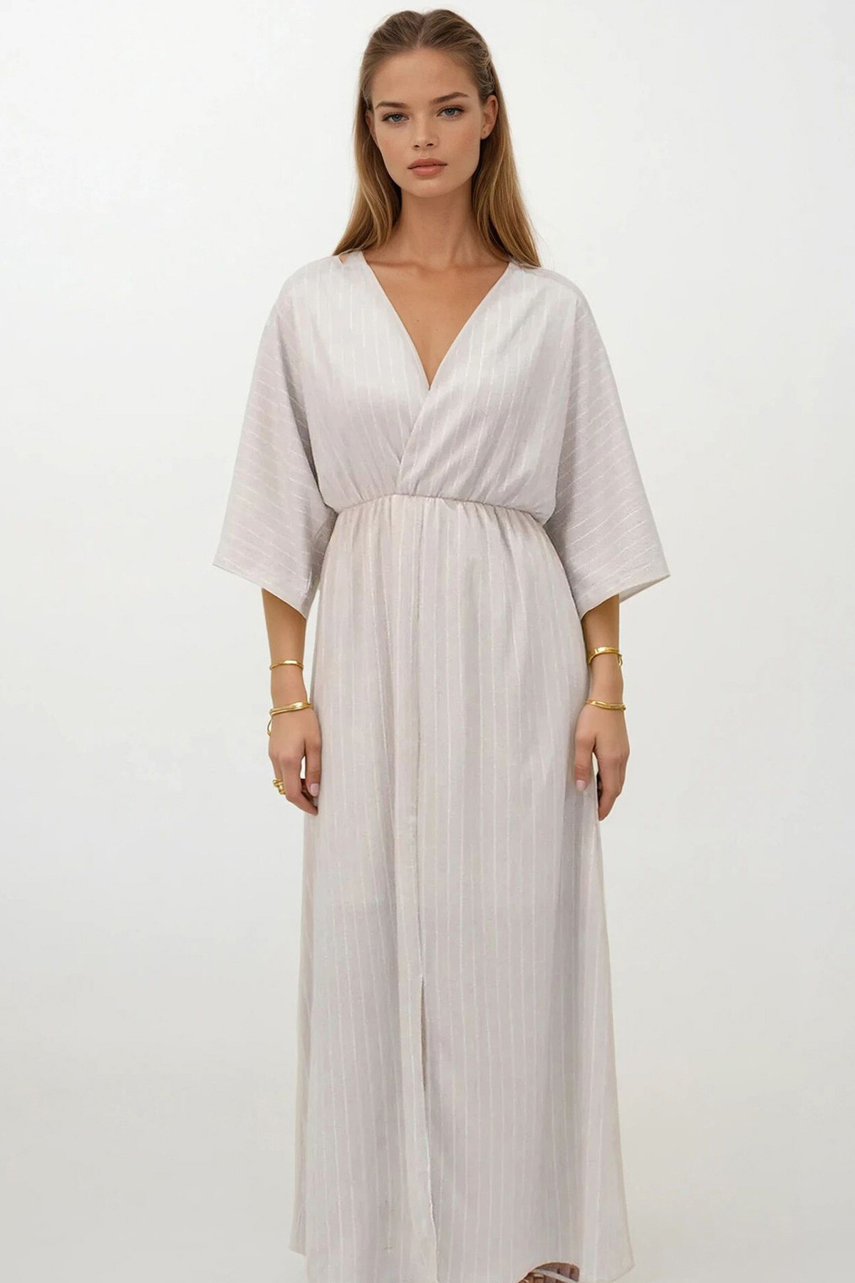 Bej Derin V Yaka Beli Lastikli Çizgili Elbise