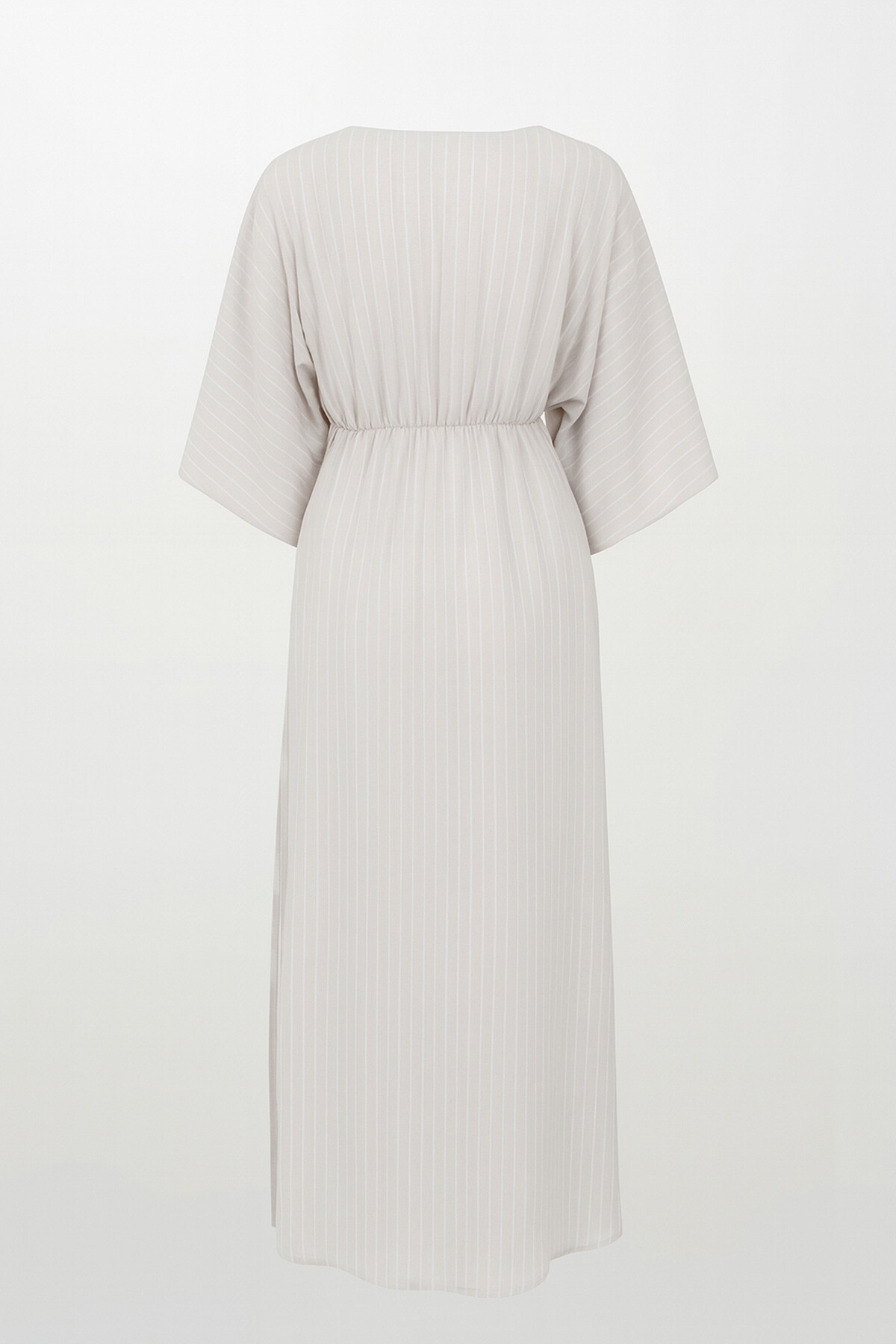 Bej Derin V Yaka Beli Lastikli Çizgili Elbise