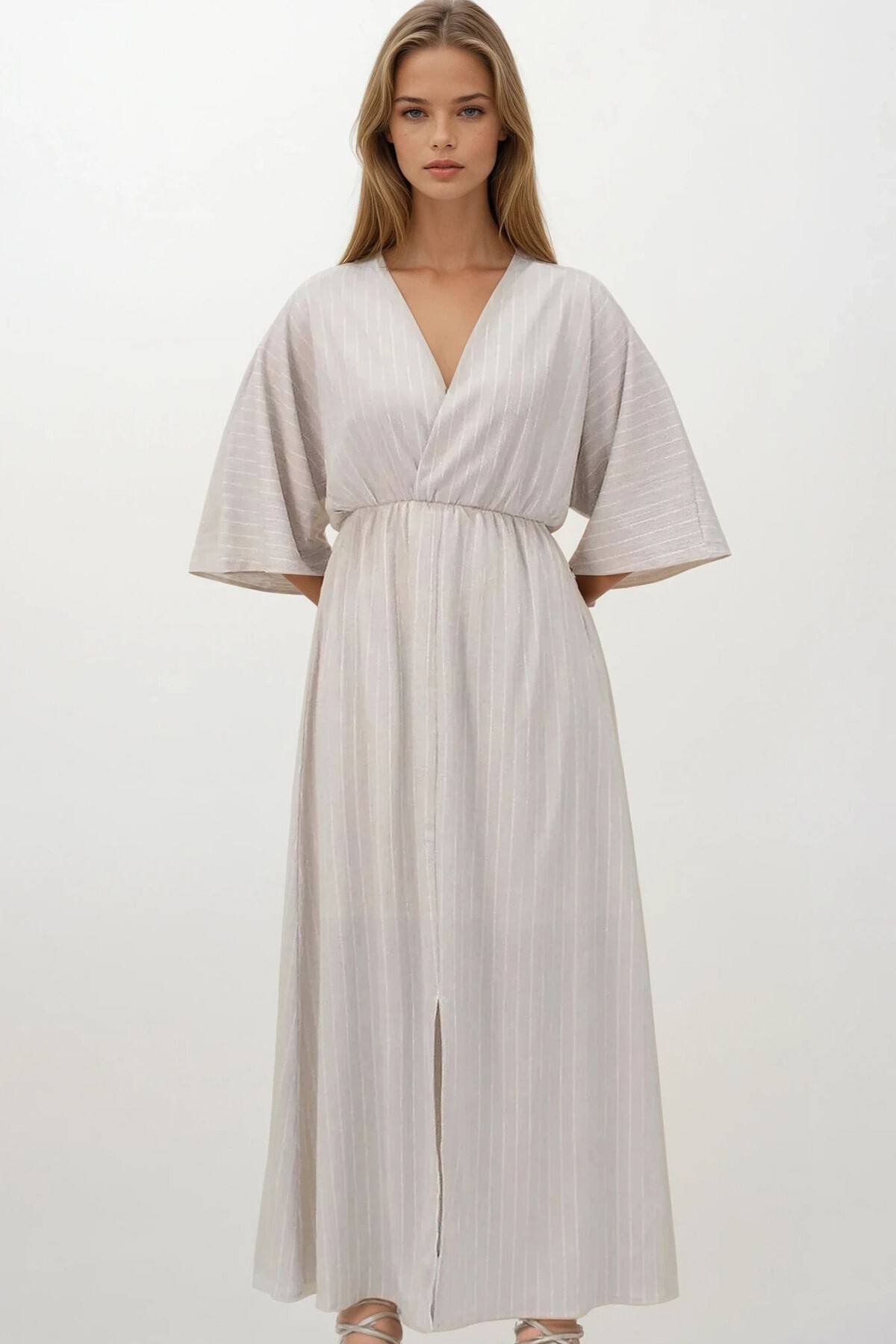 Bej Derin V Yaka Beli Lastikli Çizgili Elbise