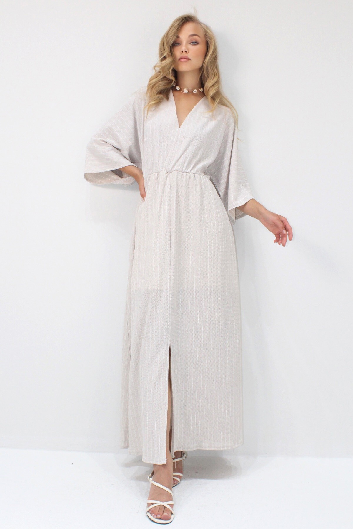 Bej Derin V Yaka Beli Lastikli Çizgili Elbise