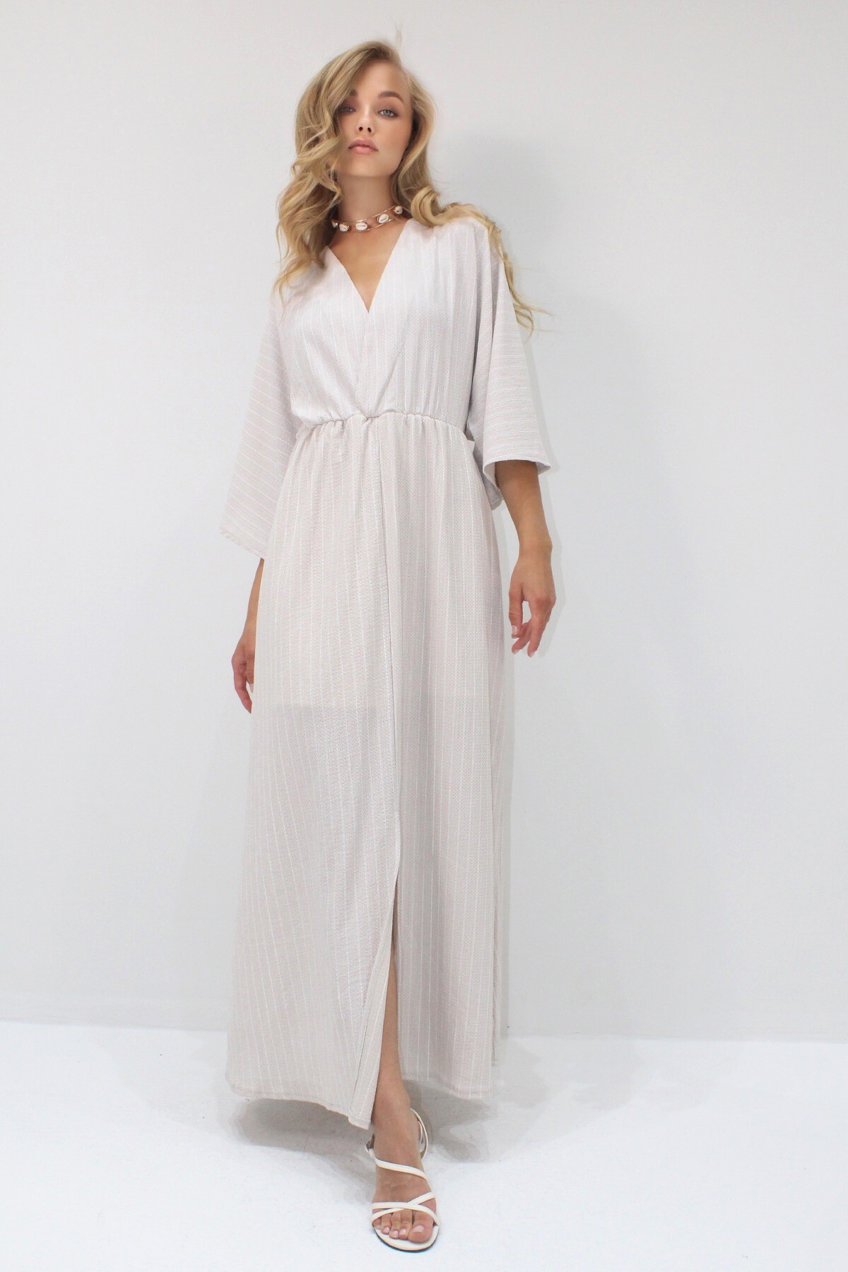 Bej Derin V Yaka Beli Lastikli Çizgili Elbise