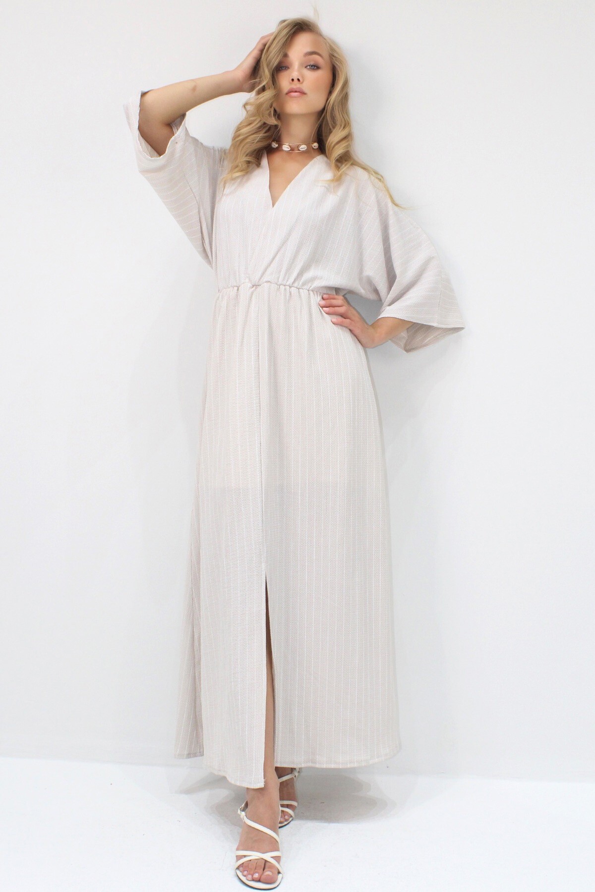 Bej Derin V Yaka Beli Lastikli Çizgili Elbise