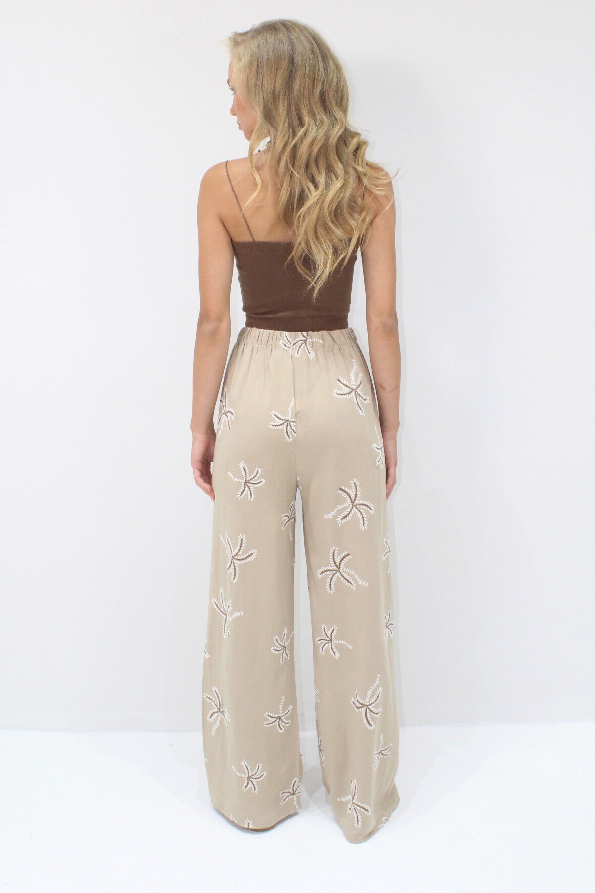 Bej Flok Baskılı Palazzo Keten Pantolon