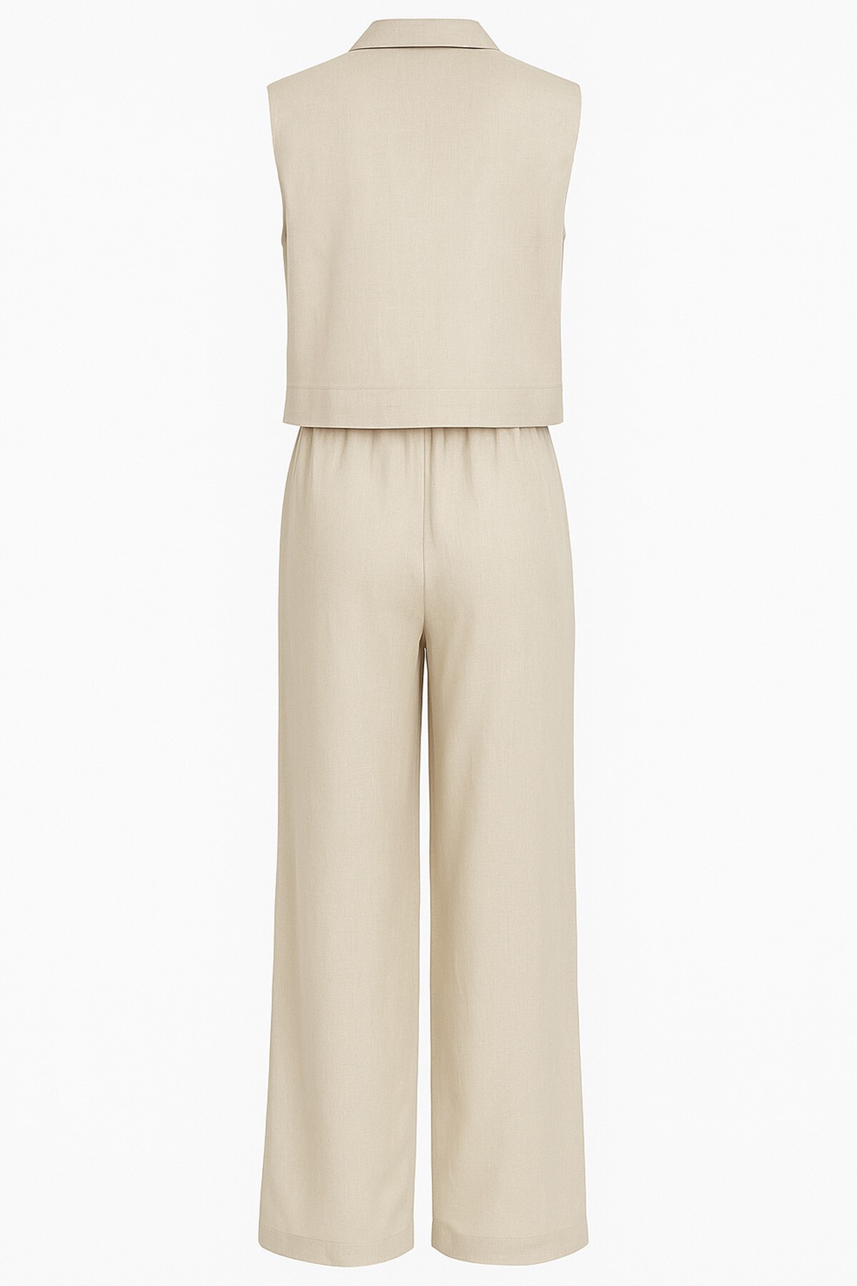 Bej Hakim Yaka Aksesuar Kapamalı Bluz Ve Bağcıklı Palazzo Pantolon Takım