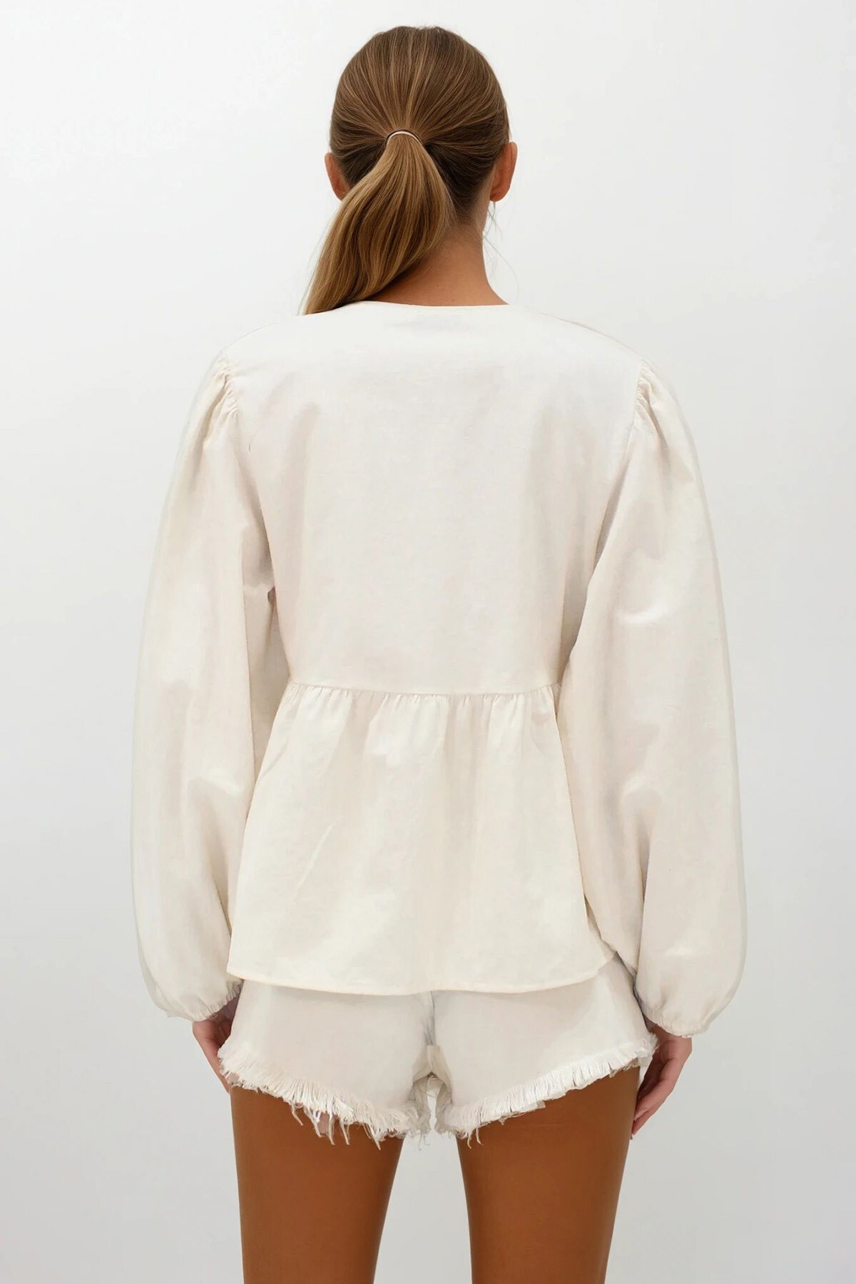 Bej Nakışlı Bağlama Detaylı Ham Keten Ceket