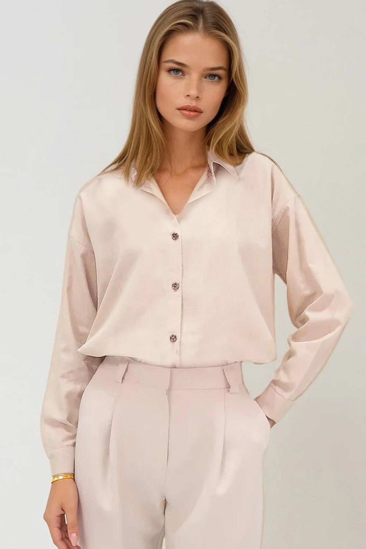 Bej Oversize Keten Gömlek