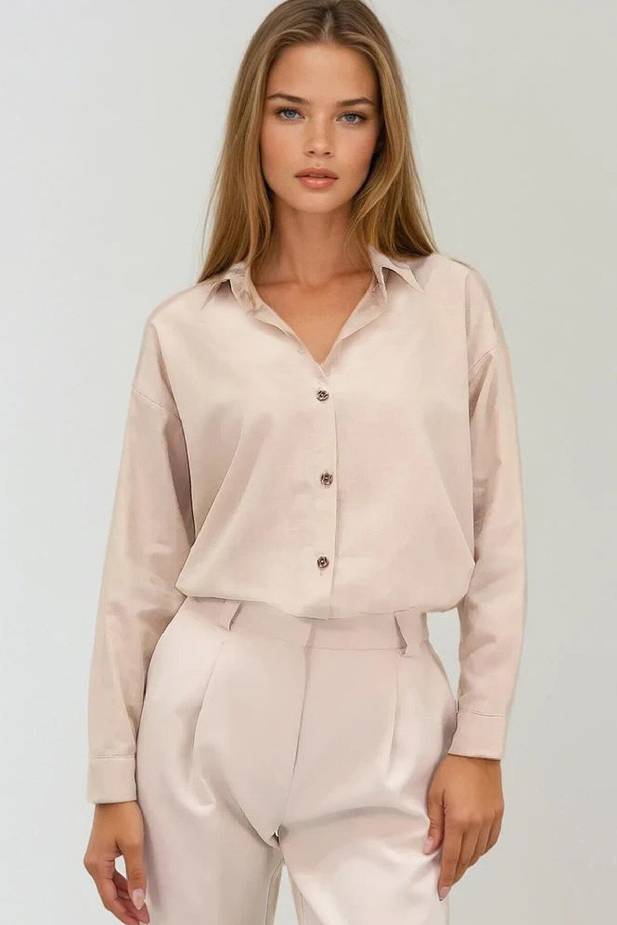 Bej Oversize Keten Gömlek