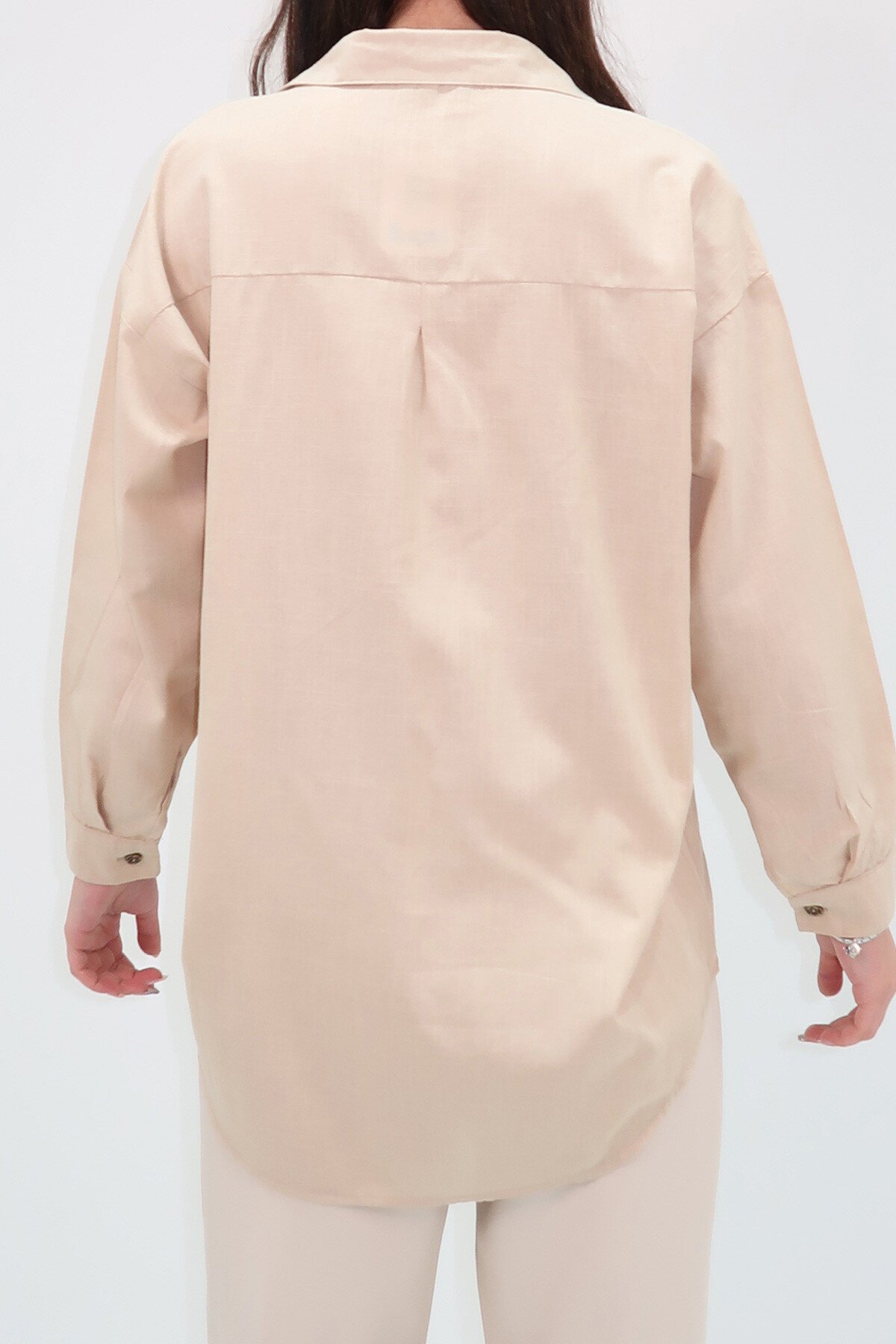 Bej Oversize Keten Gömlek